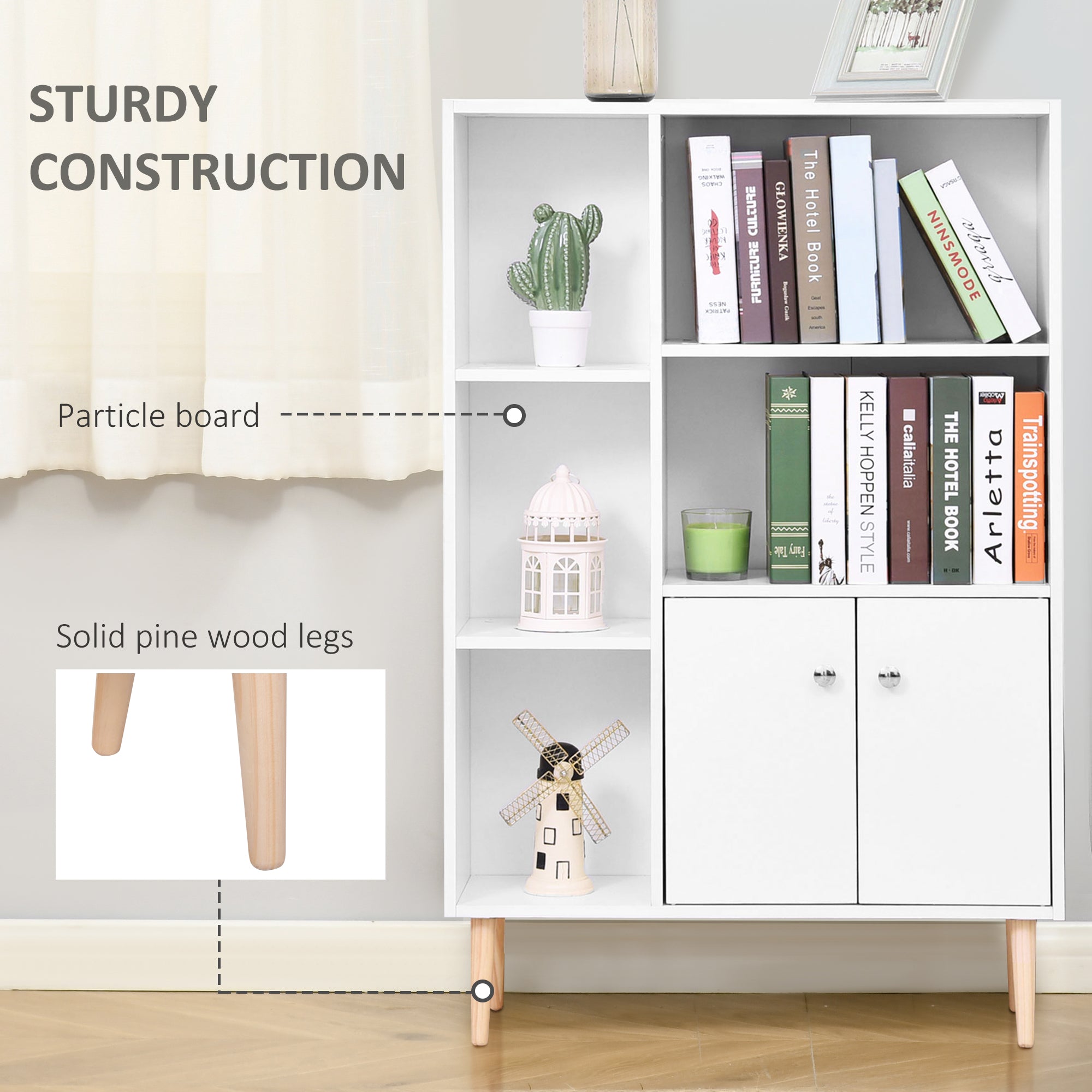HOMCOM Sideboard Storage Cabinet Cupboard, Open Bookcase with 2 Doors 5 Compartments Wooden Modern Style for Living Room Bedroom Kitchen 80 x 23 x 123 cm, White - North Peak Garden Furniture