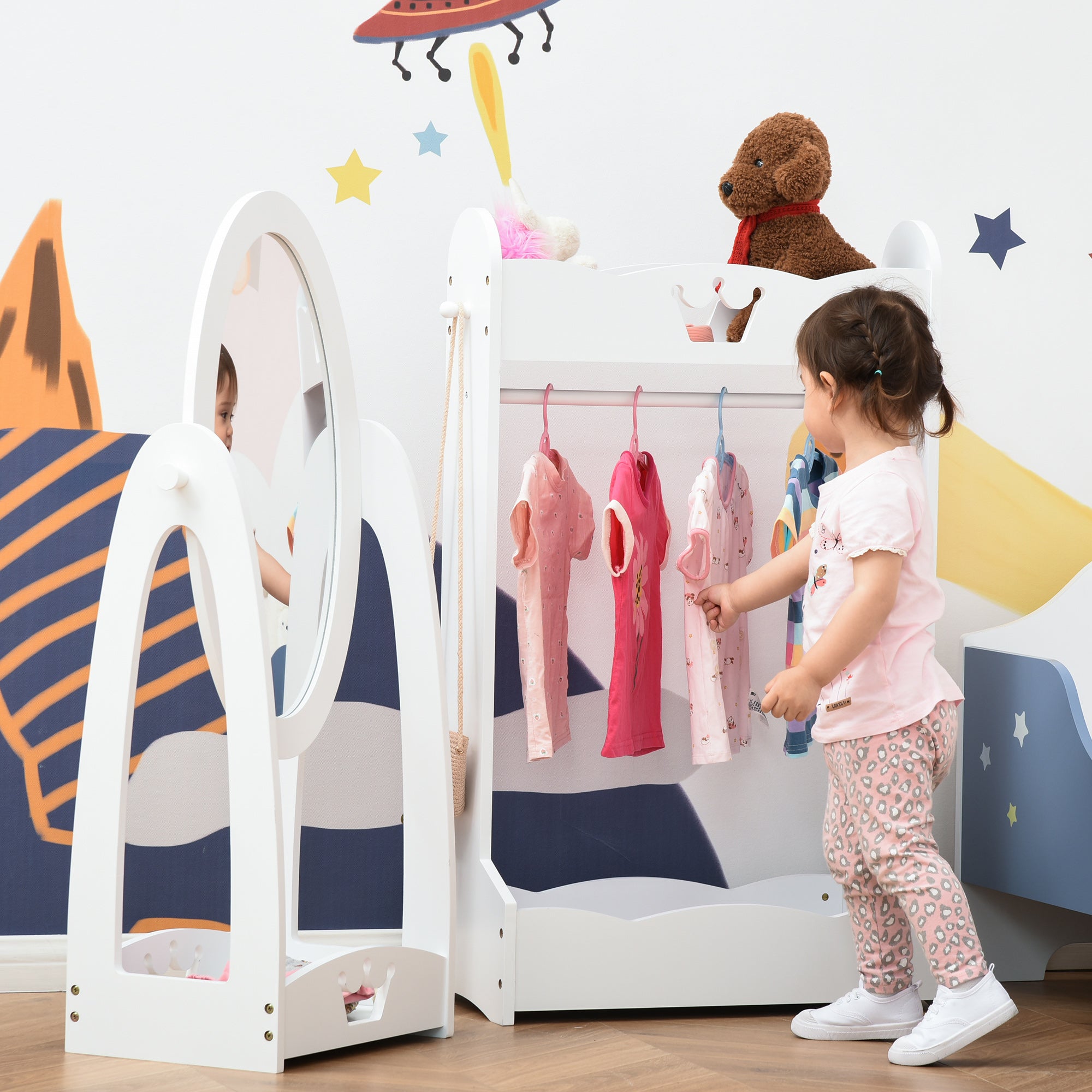 HOMCOM Kids Clothes Rail and Mirror Set 360° Rotation Free Standing Full Length Mirror and Hanging Rack with Storage Shelves Child's Dressing Mirror Garment Wardrobe White