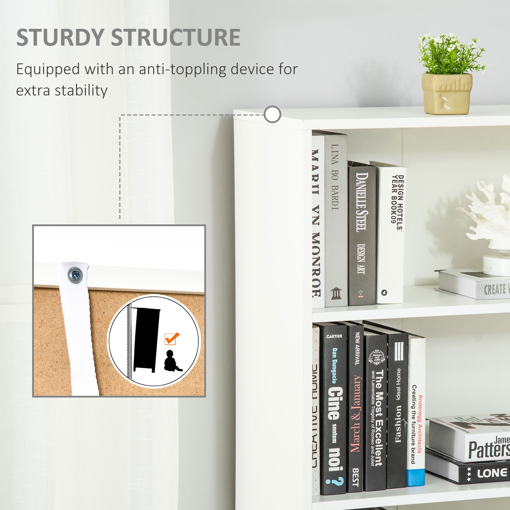 HOMCOM 6-Tier Tall Bookcase, Bookshelf with 4 Open Shelves and Double Door Storage Cabinet, Freestanding Display Rack for Living Room, Bedroom, Home Office, Study, 59 x 29 x 180cm, White - North Peak Garden Furniture