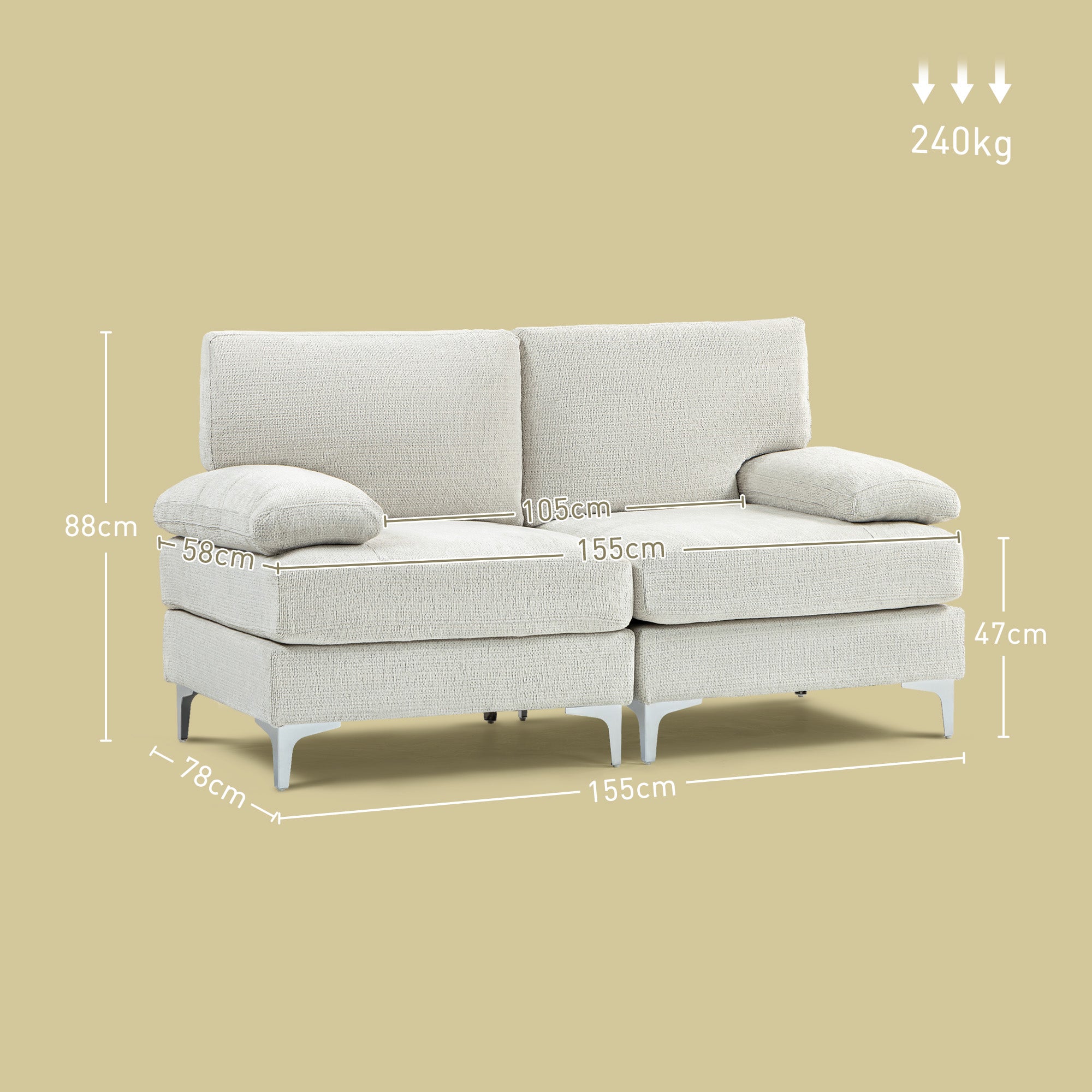 HOMCOM 2 Seater Sofa, Modern Fabric Loveseat with Spring Cushion and Metal Legs, Small Couch for Living Room, Bedroom, Home Office, Reception, Cream White