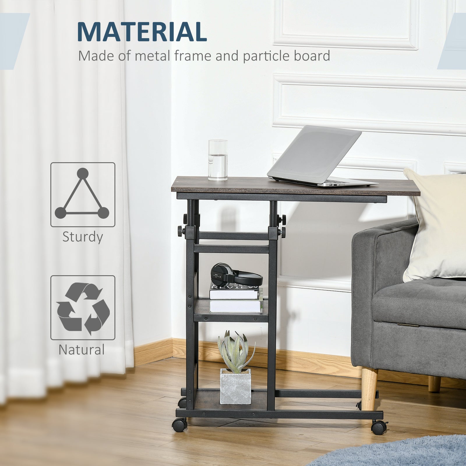 HOMCOM C-Shaped Side Table Industrial Mobile Rolling End Desk with 3-Tier Storage Shelving, Adjustable Height, Wheels - North Peak Garden Furniture