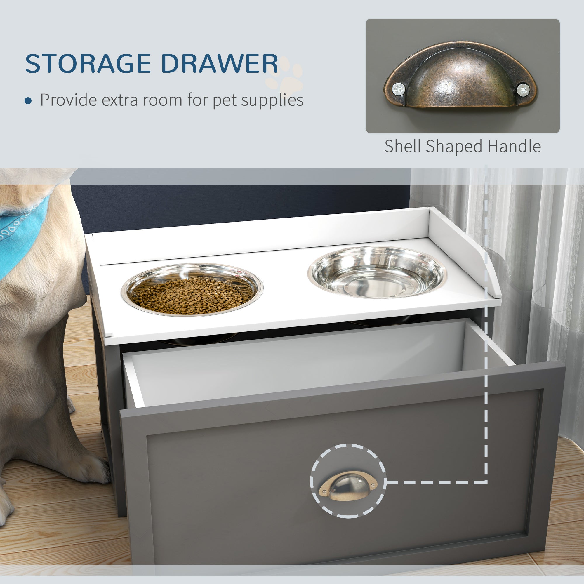 PawHut Stainless Steel Raised Dog Bowls, with 21L Storage Drawer for Large Dogs - Grey - North Peak Garden Furniture