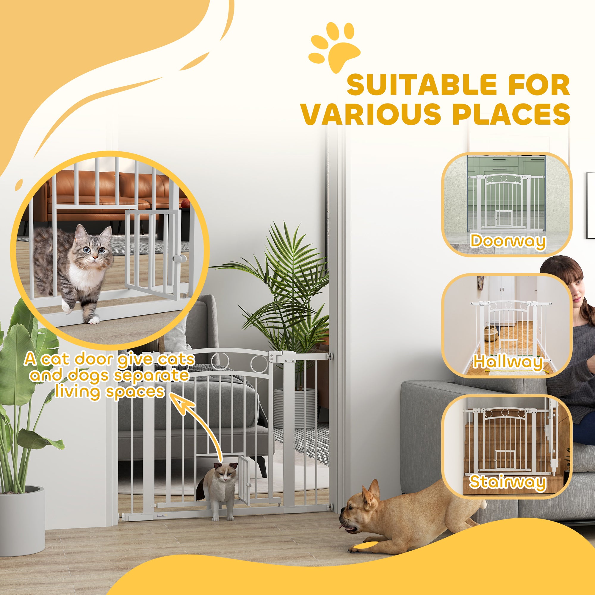 PawHut 77cm Tall Dog Gate with Cat Door, 7cm and 14cm Extensions, for Stairs, Doorways, 76-104cm Width - North Peak Garden Furniture