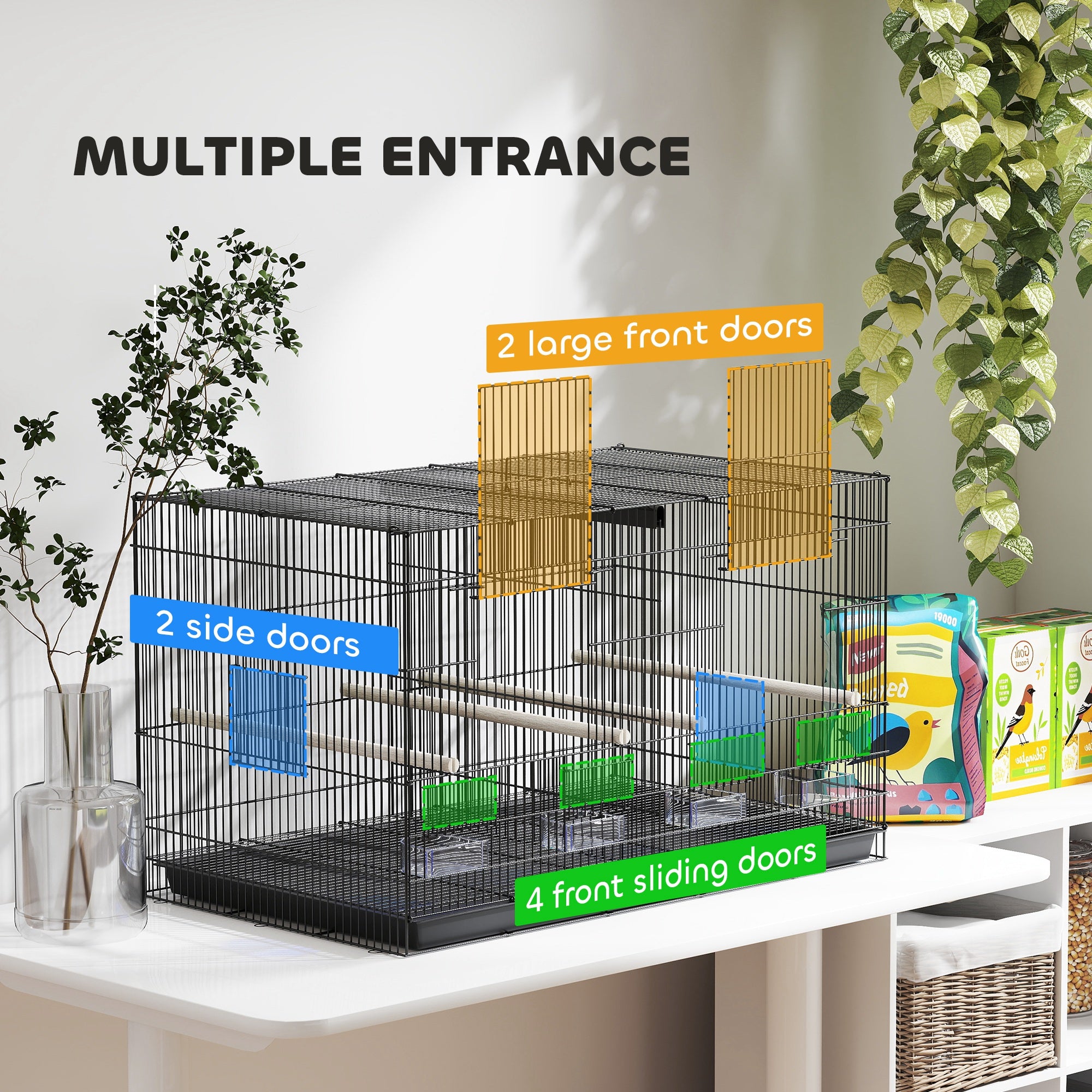 PawHut Bird Cage with Divider, 4 Wooden Perches, Slide Out Tray, 4 Feeders, for Budgie, Lovebird, Canary, 76 x 46 x 46cm, Black - North Peak Garden Furniture