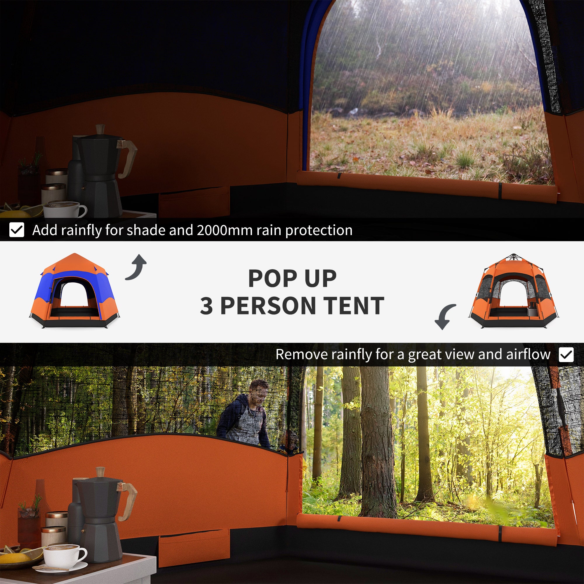 Outsunny Double Layer Dome Tent with Rainfly and Welded Floor, 4 Man Hexagon Pop Up Tent, Portable Camping Shelter with Hang Hook and Carry Bag, for Festival Hiking Family, Orange and Blue