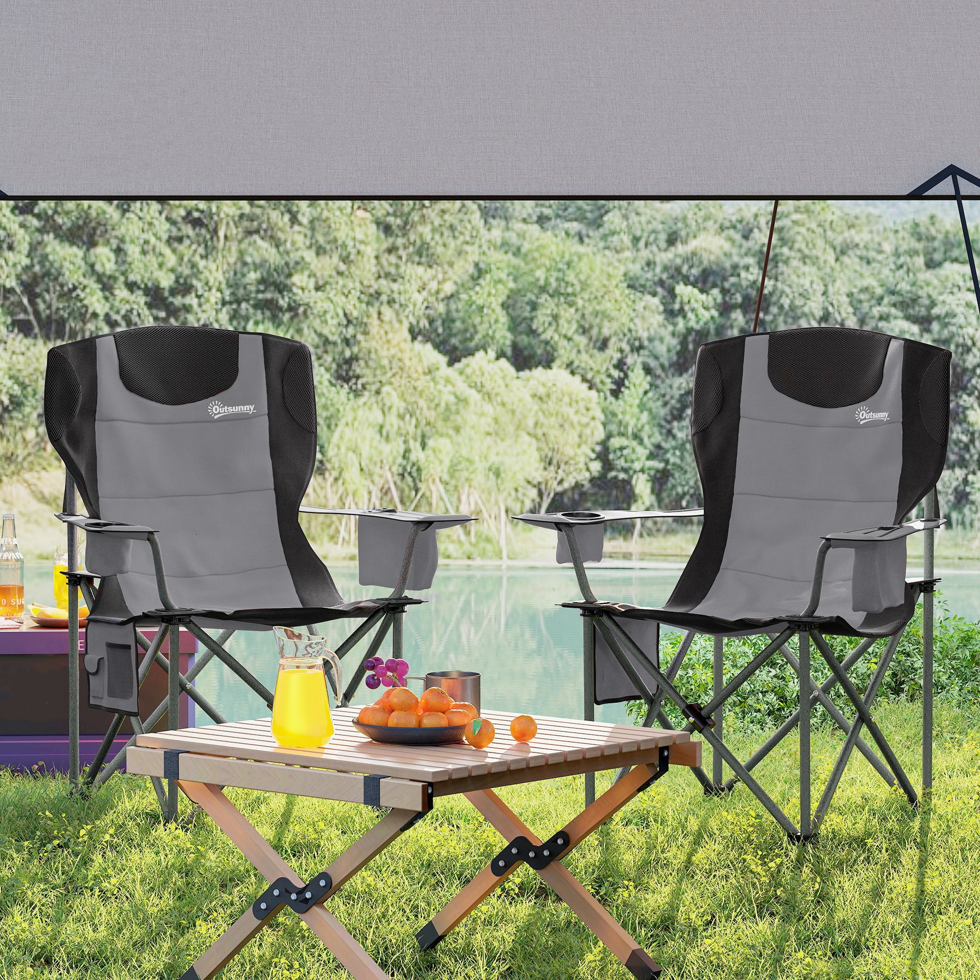 Outsunny Set of 2 Folding Camping Chairs, Padded Camping Chairs with Adjustable Armrests, Portable & Lightweight Folding Camp Chair with Cooler Bag, Cup Holder and Side Pockets, Grey - North Peak Garden Furniture
