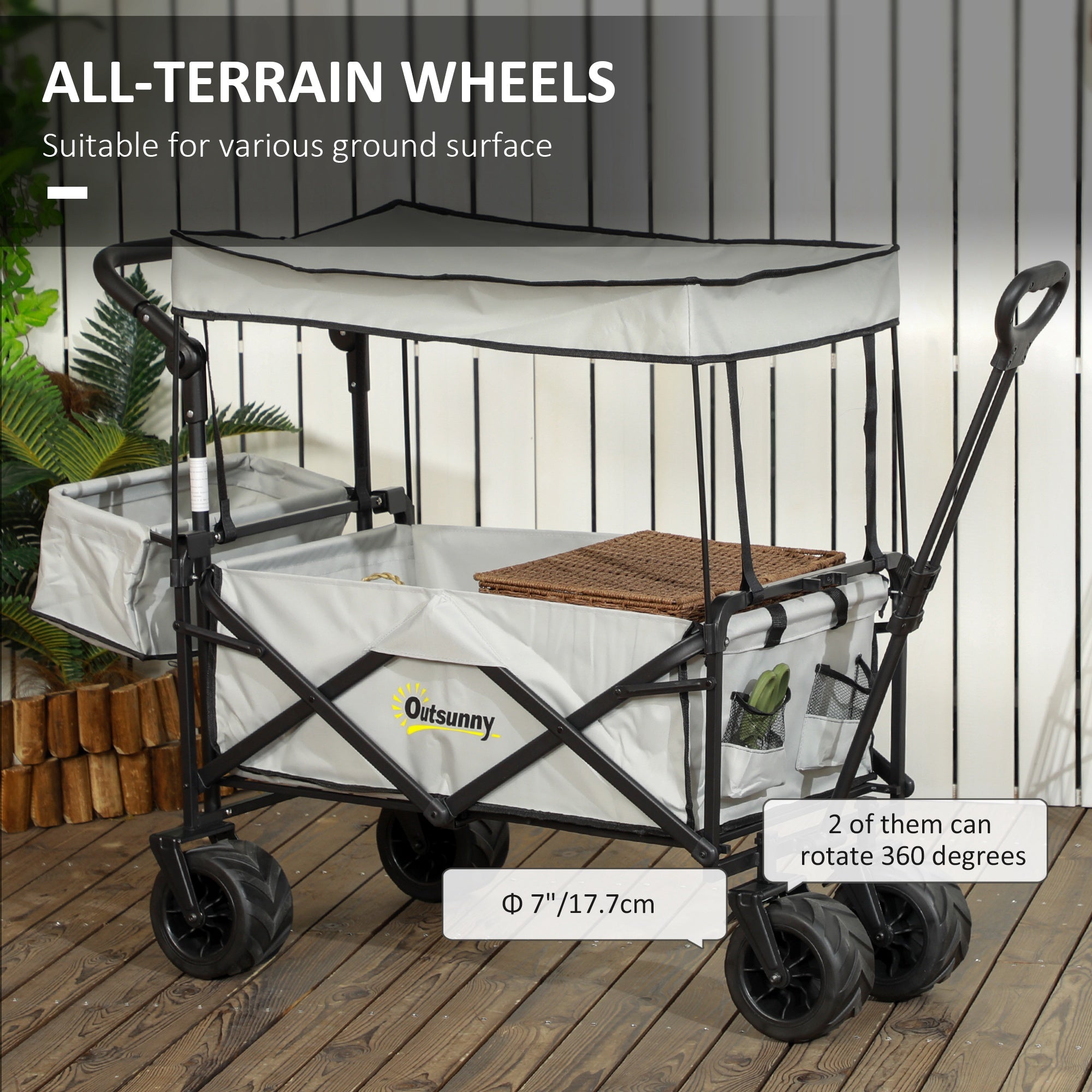 Outsunny Folding Trolley Cart Storage Wagon Beach Trailer 4 Wheels with Handle Overhead Canopy Cart Push Pull for Camping, Grey - North Peak Garden Furniture