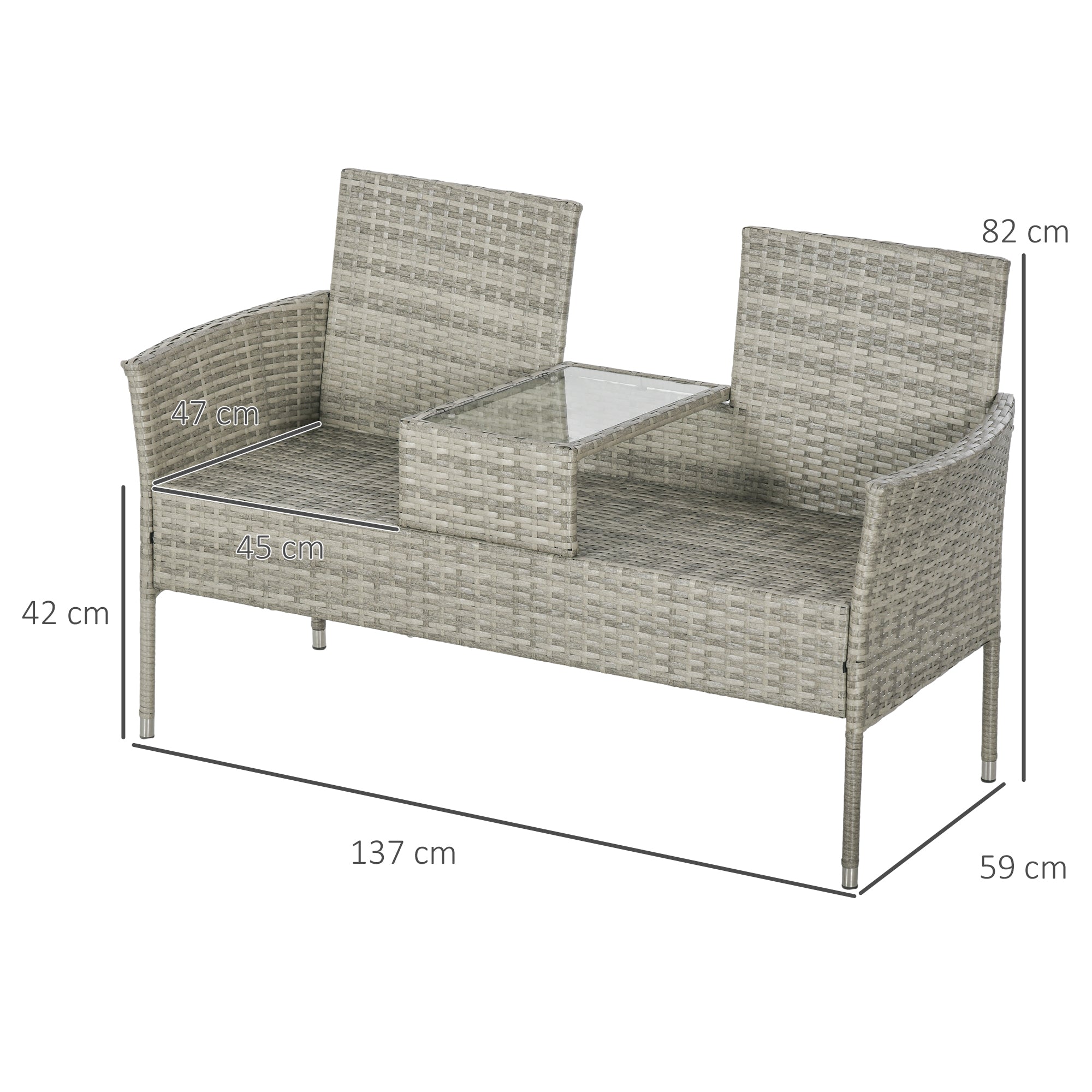 Outsunny Two-Seat Rattan Chair, with Middle Table - Light Grey - North Peak Garden Furniture