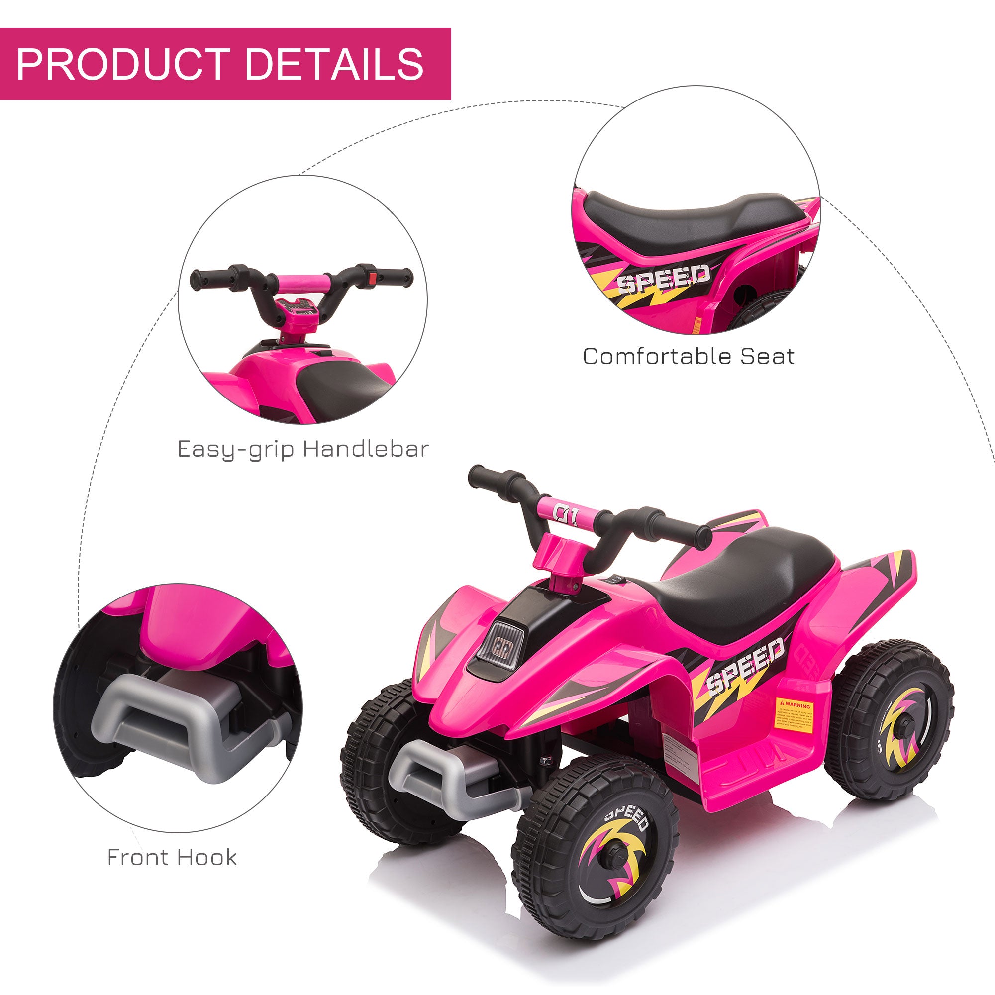 HOMCOM 6V Kids Electric Ride on Car ATV Toy Quad Bike Four Big Wheels w/ Forward Reverse Functions Toddlers for 18-36 Months Old Pink