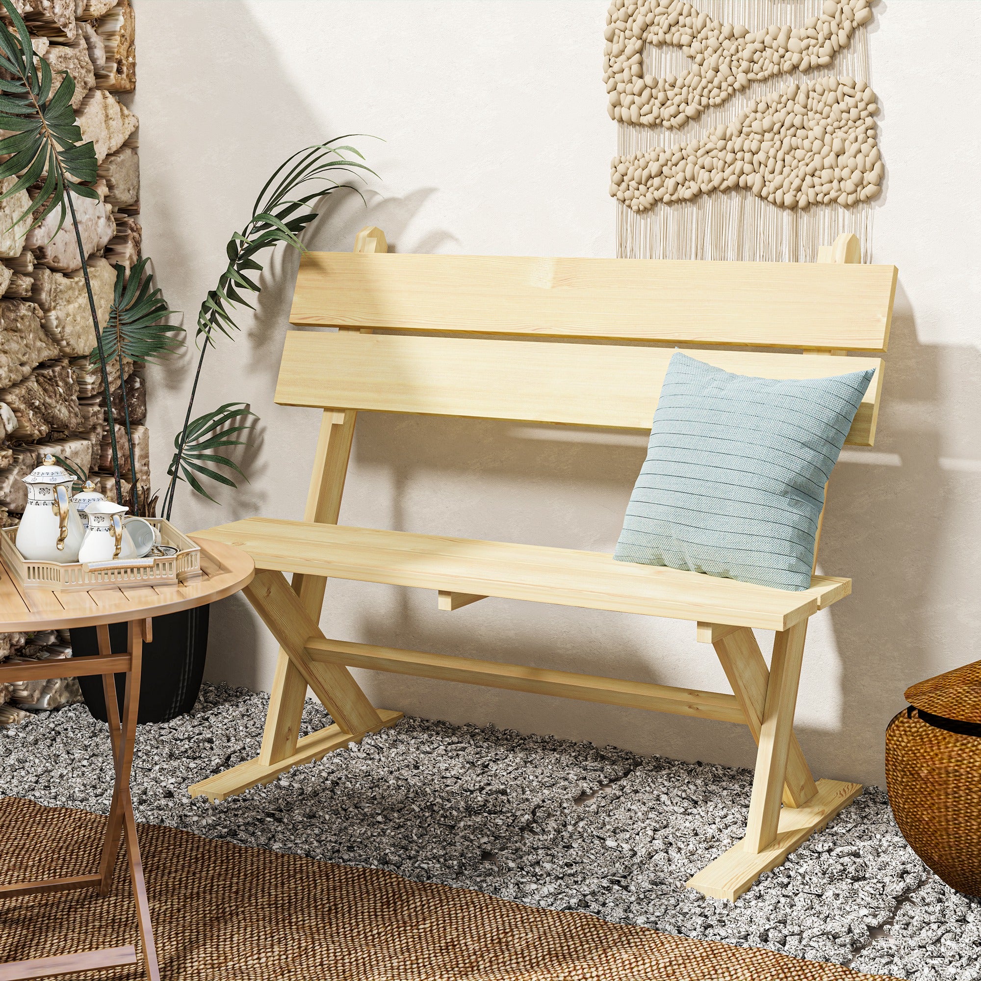 Outsunny 2 Seater Wooden Garden Bench, Fir Wood Outdoor Bench, Garden Loveseat with Slatted Seat, Sloping Back and Wide Feet for Patio, Park, Natural Wood Finish - North Peak Garden Furniture