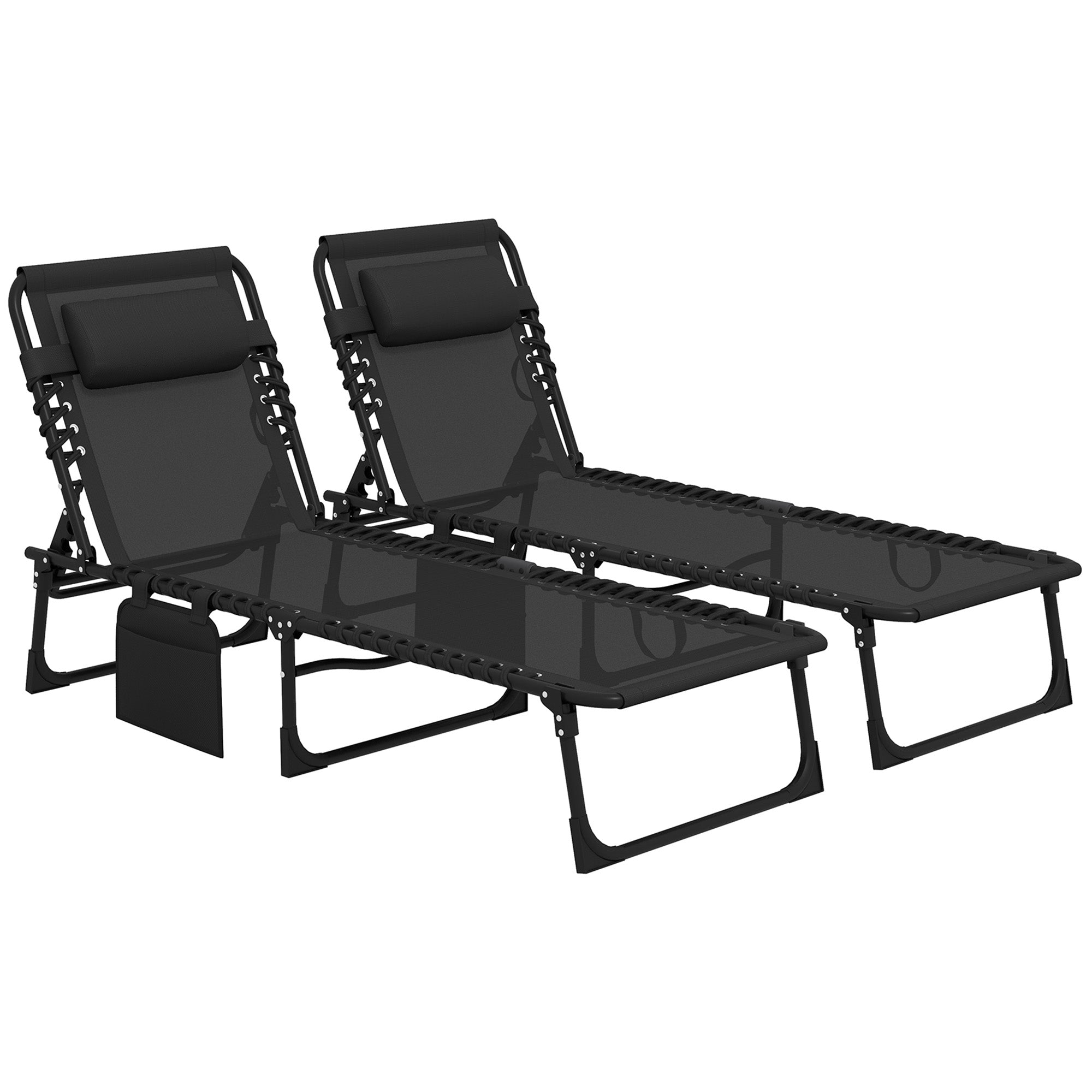 Outsunny Portable Sun Lounger Set of 2, Folding Camping Bed Cot, Reclining Lounge Chair 5-position Adjustable Backrest with Side Pocket, Pillow for Patio Garden Beach Pool, Black - North Peak Garden Furniture