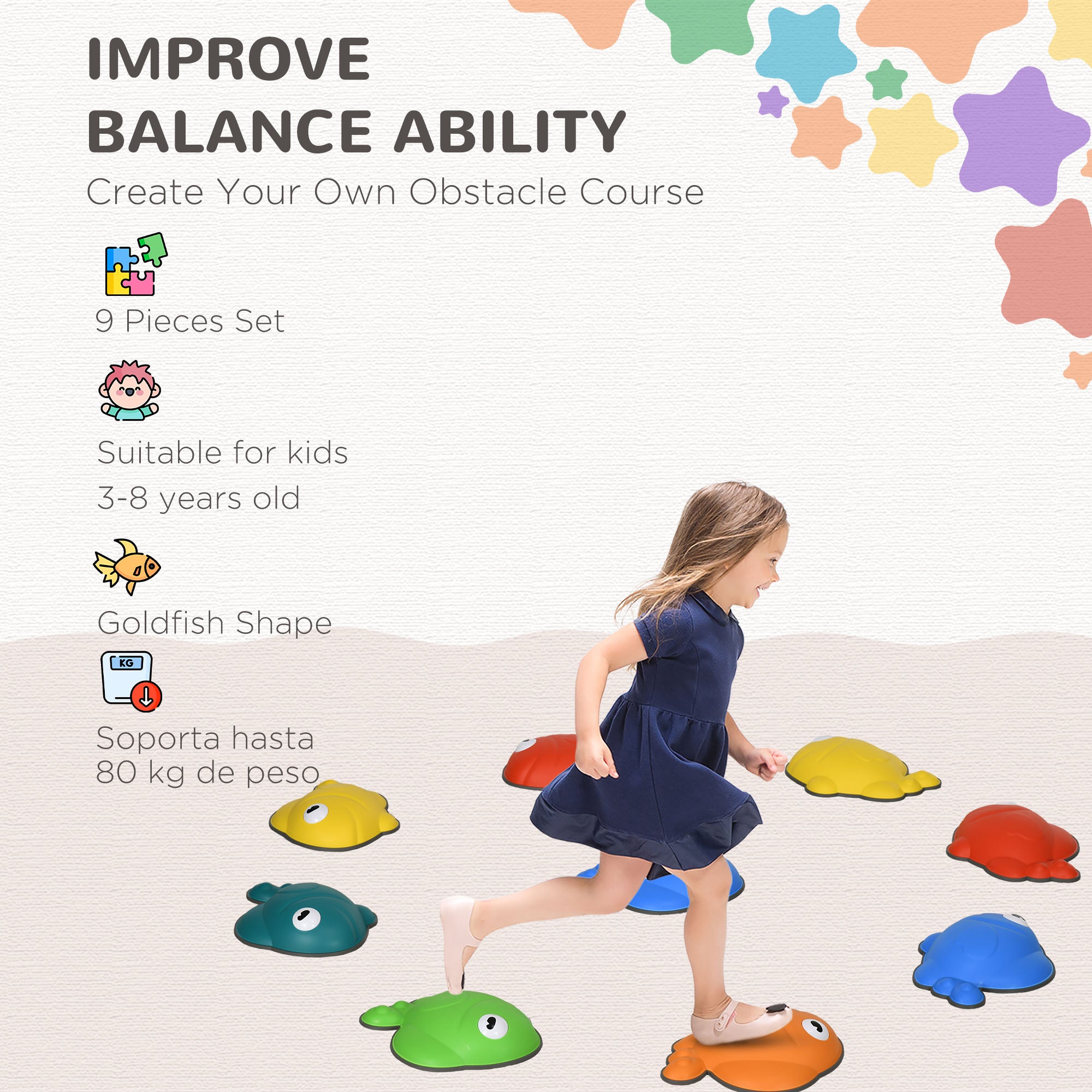 AIYAPLAY 9 Pcs Balance Stepping Stones Kids for Sensory with Non-slip Edge, Stackable Outdoor Indoor Obstacle Course - North Peak Garden Furniture