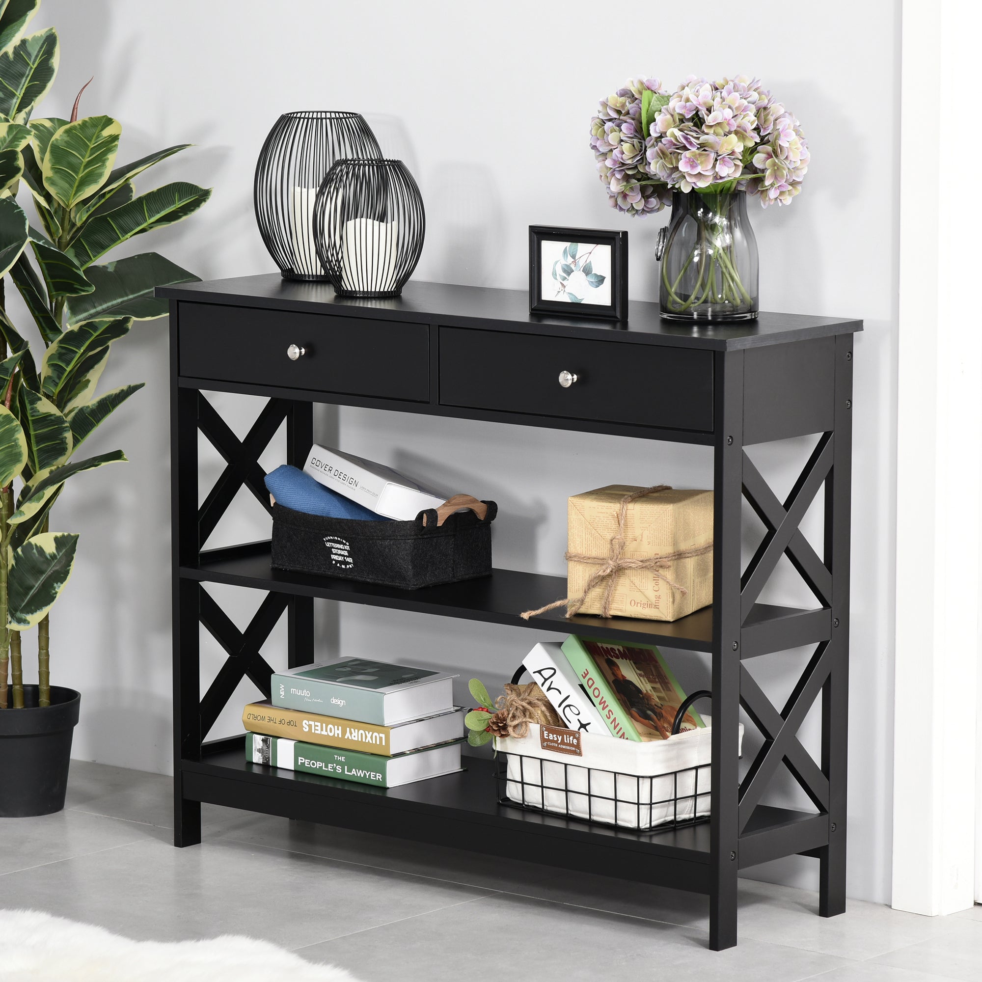 HOMCOM Console Table Side Desk w/ Shelves Drawers Open Top X Support Frame Living Room Hallway Home Office Furniture Black - North Peak Garden Furniture