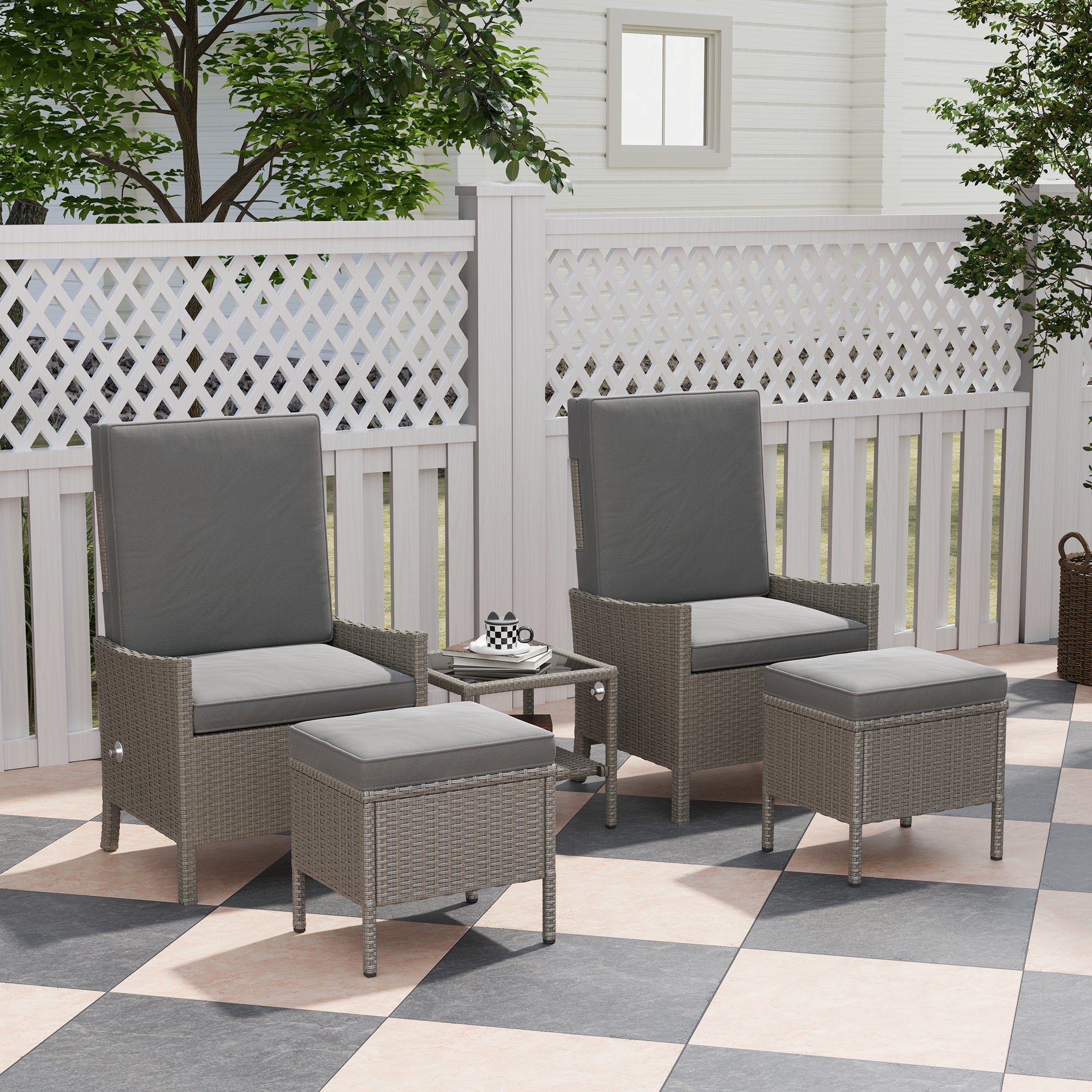 Outsunny 5 Piece Rattan Garden Furniture Set, Wicker Patio Sofa Set with 2 Armchairs, 2 Footstools, Glass Top Coffee Table with Shelf, Outdoor Furniture with Adjustable Backrests, Cushions, Dark Grey - North Peak Garden Furniture