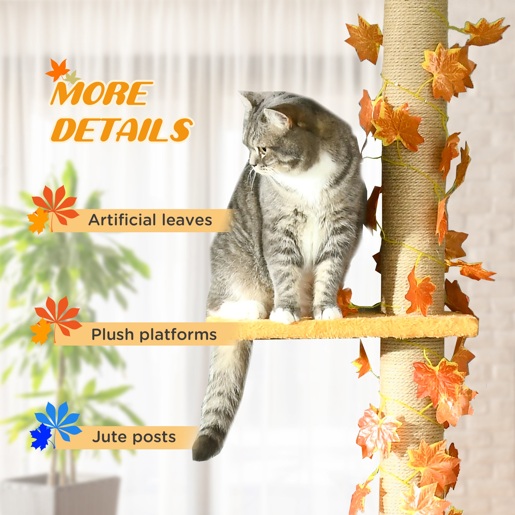 PawHut 242cm Adjustable Floor-To-Ceiling Cat Tree, with Artificial Decoration, Perches, Anti-Slip Kit - Orange