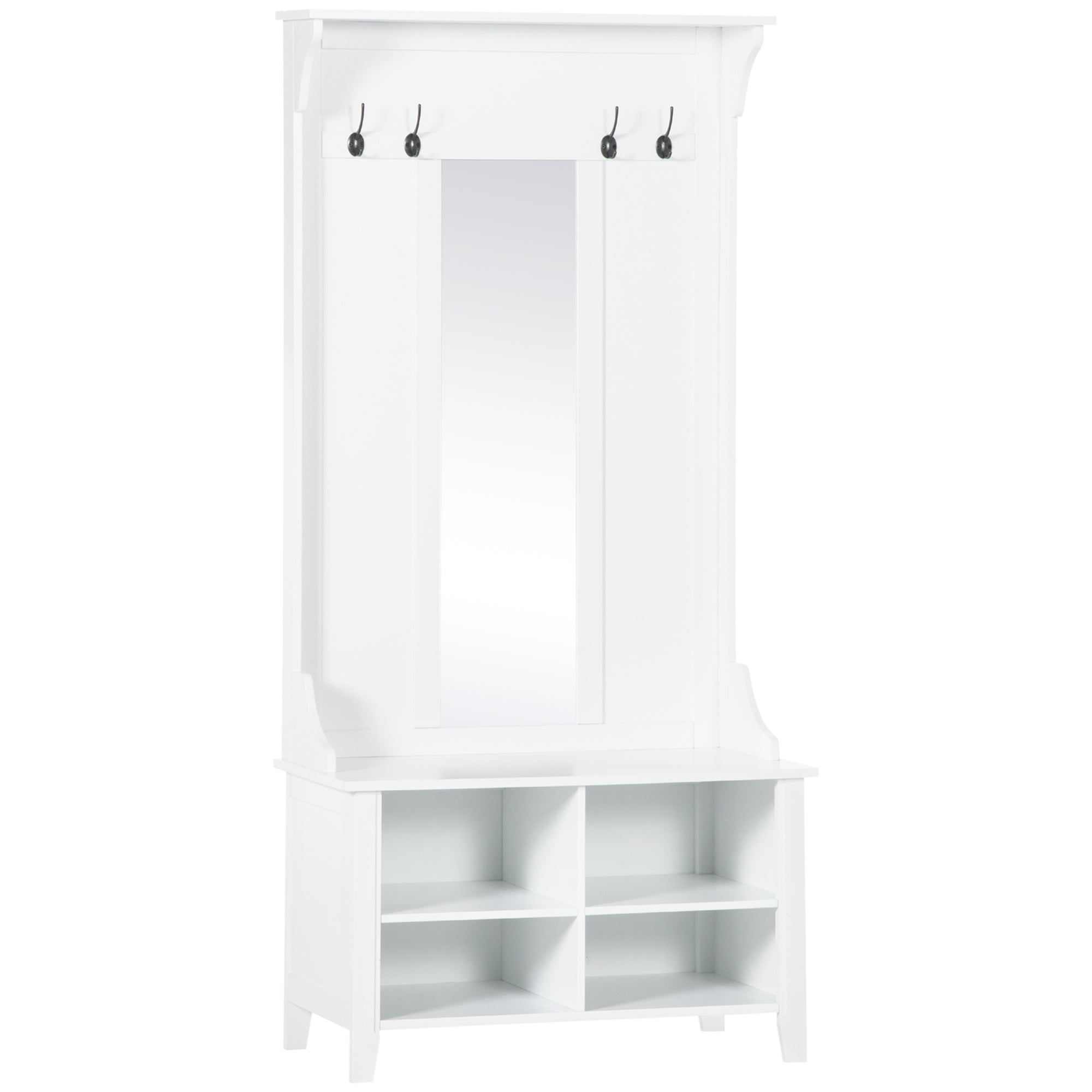 HOMCOM Hallway Furniture Set Shoe Bench Storage Mirror Cabinet Coat Rack Multiple Cubes Hangers Organiser Shelves w/ 4 Hooks - North Peak Garden Furniture