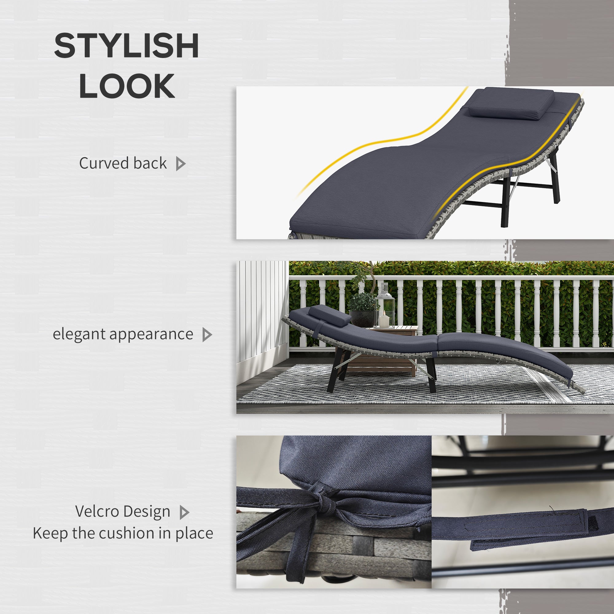Outsunny Rattan Folding Sun Lounger Outdoor Chair with Cushion and Pillow Grey - North Peak Garden Furniture