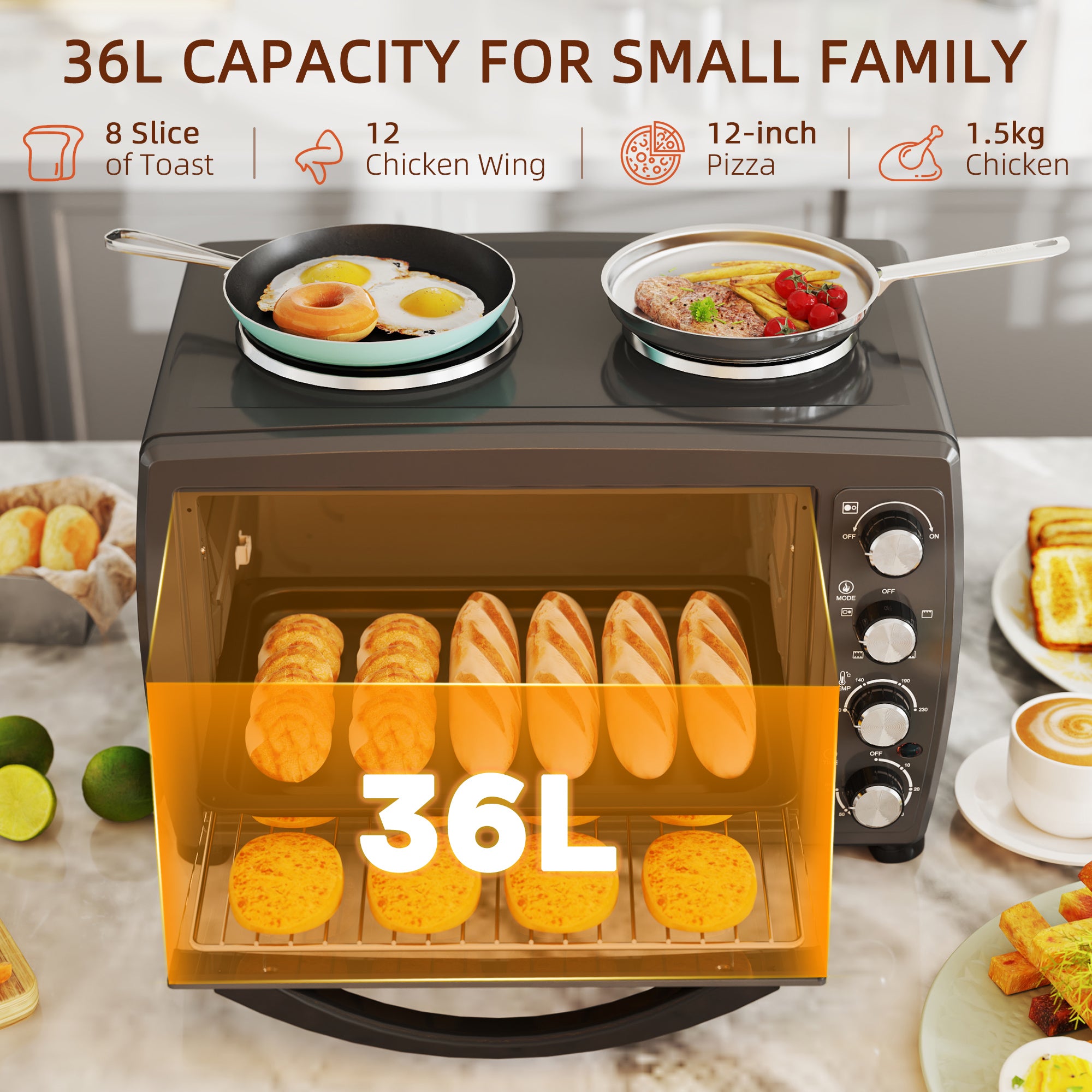 HOMCOM 36L Small Oven with 2 Hot Plates, Countertop Toaster Oven, Grill, Roast, Bake, Boil, with Timer, Adjustable Temperature, Electric Oven with Baking Tray, Grill Rack, Crumb Tray, 2600W, Black - North Peak Garden Furniture