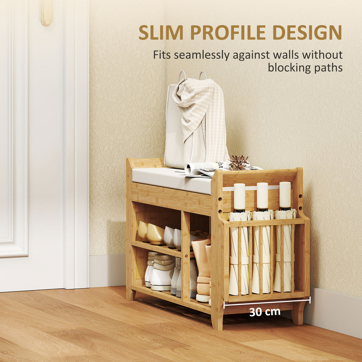 HOMCOM Shoe Bench 2-Tier Boot Section Entryway Storage Bench Cushioned Seat 80 x 30 x 50 cm Natural and Cream