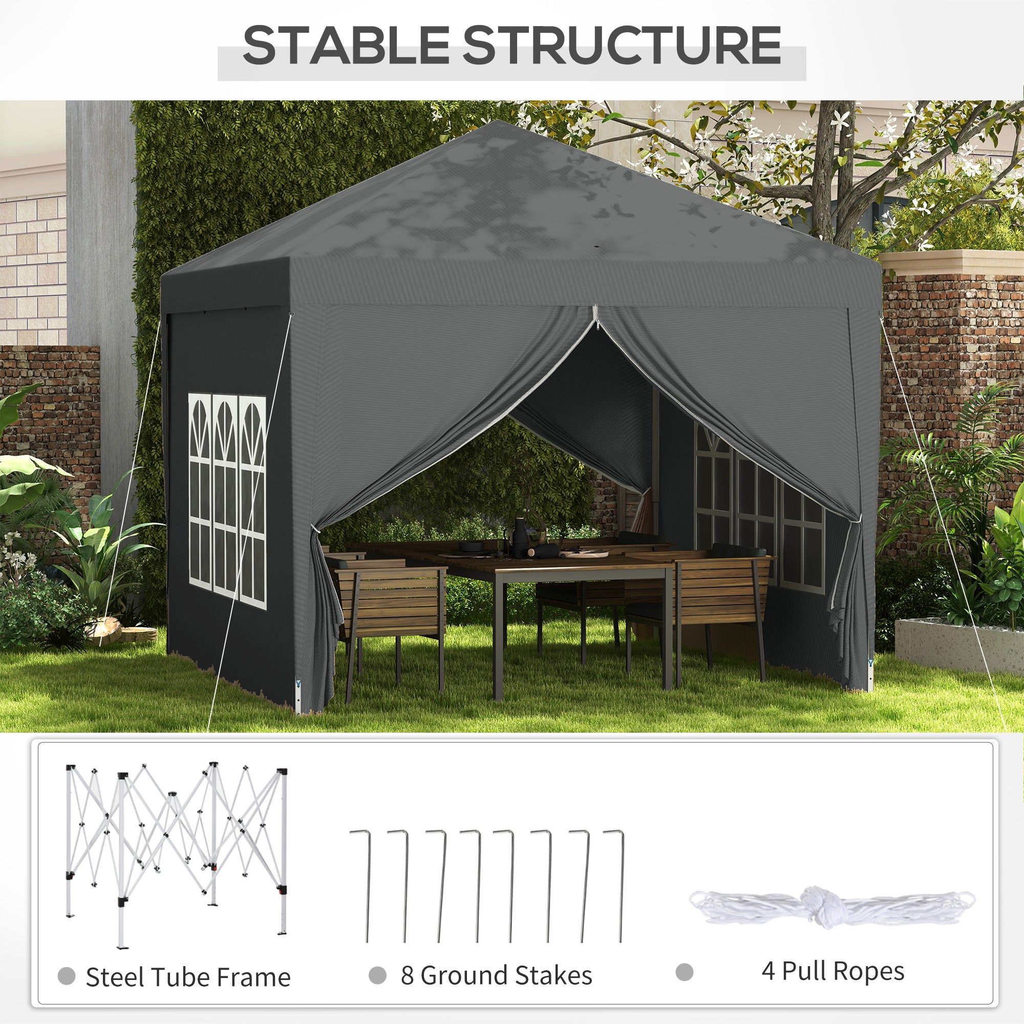 Outsunny 3 x 3 Meters Pop Up Water Resistant Gazebo Wedding Camping Party Tent Canopy Marquee with Carry Bag and 2 Windows, Grey - North Peak Garden Furniture