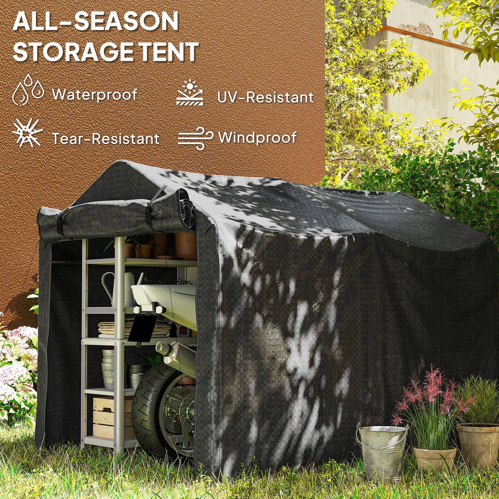 Outsunny 2.2 x 1.6 m Garden Storage Tent, Waterproof Anti-UV Bike Tent with Roll-up Zipper Door, Galvanised Outdoor Storage Shelter Carport for Bike, Motorbike, Garden Tools, Black