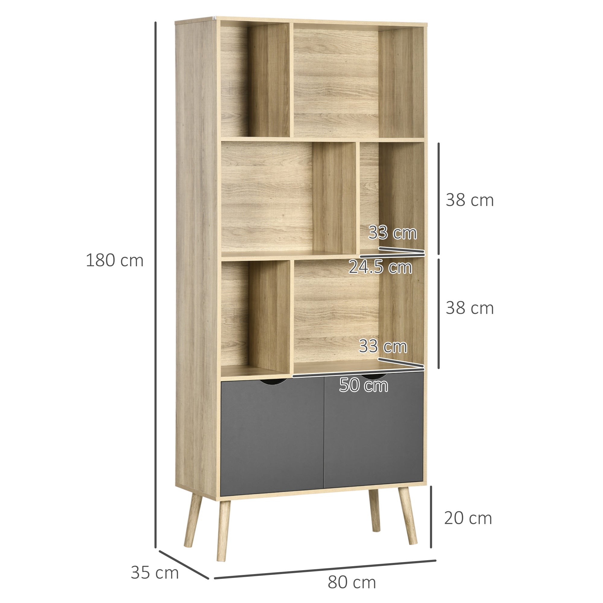 HOMCOM Modern Bookcase with Bottom Cabinet and 6 Open Shelves, Freestanding Bookshelf for Study Living Room Home Office, Natural and Dark Grey - North Peak Garden Furniture