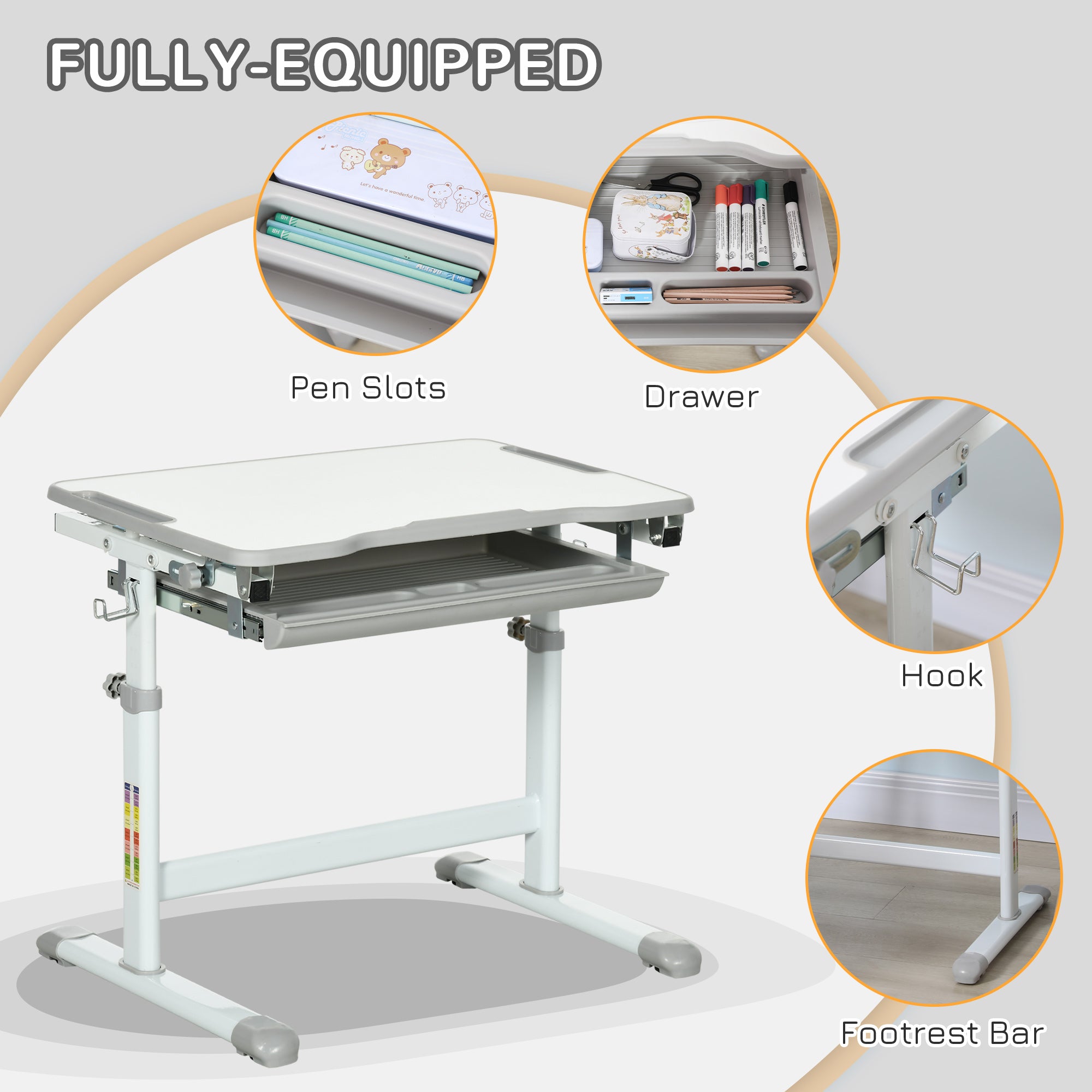 HOMCOM Kids Desk and Chair Set, Student Adjustable Writing Desk, with Drawer, Pen Slot, Hook - Grey - North Peak Garden Furniture