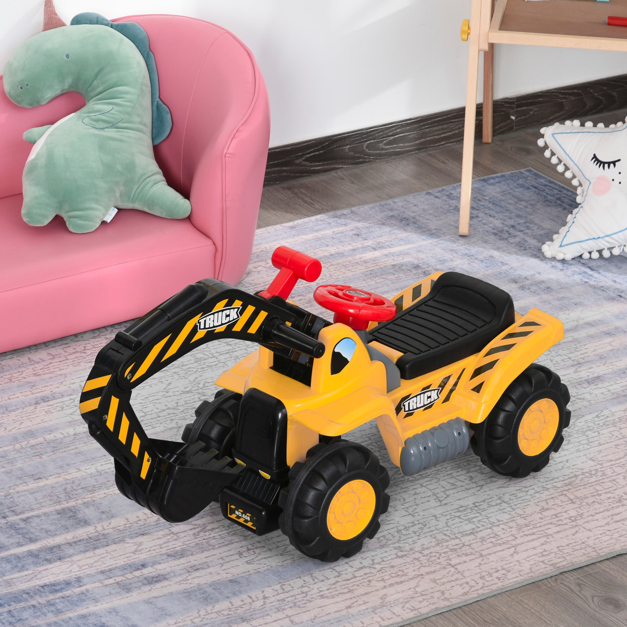 HOMCOM Kids Ride On Excavator Digger w/ Storage Basketball Net Steering NO POWER Wheel Vehicle Truck Toy - North Peak Garden Furniture
