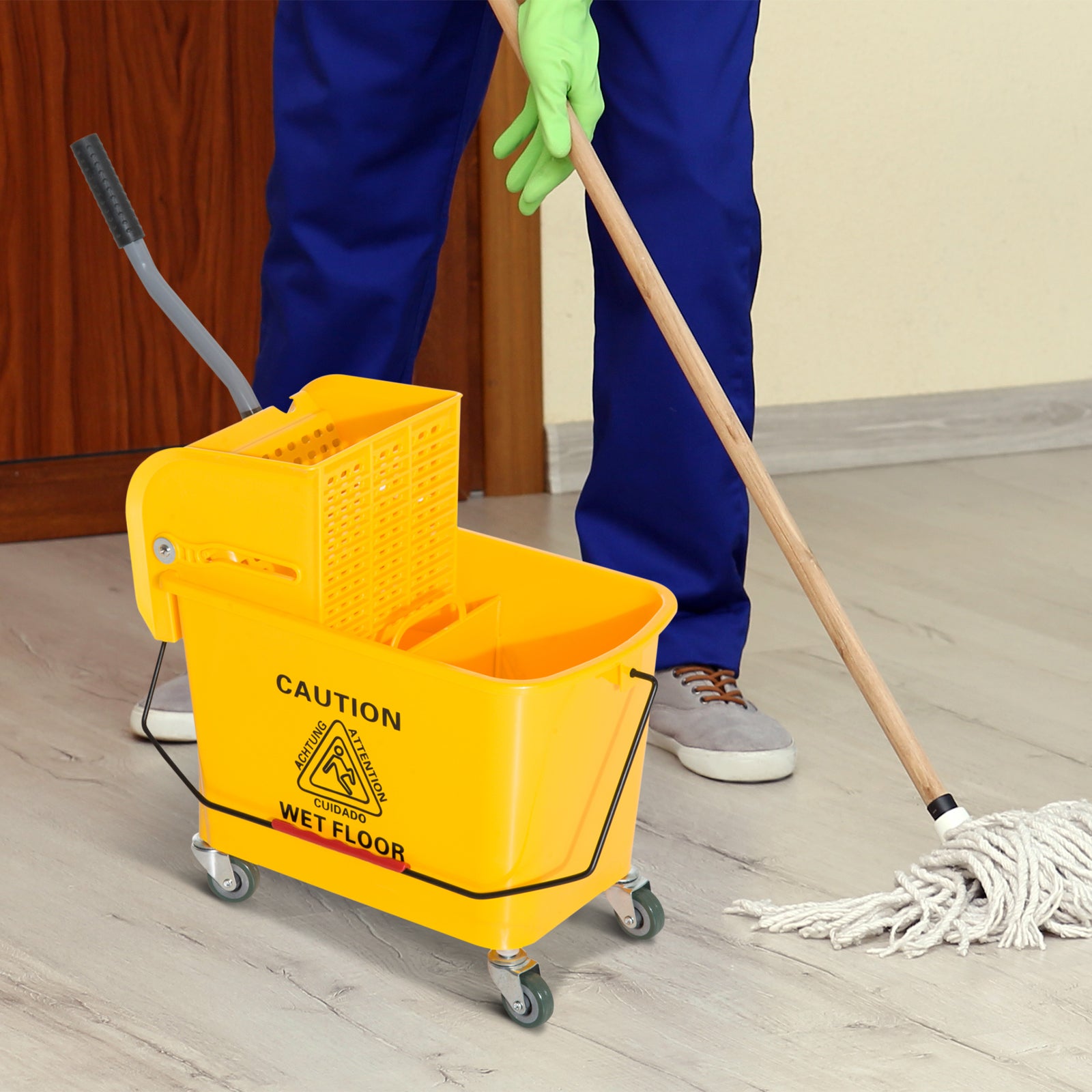 HOMCOM 20L Mop Bucket on Wheels, with Water Separation Panel - Yellow - North Peak Garden Furniture