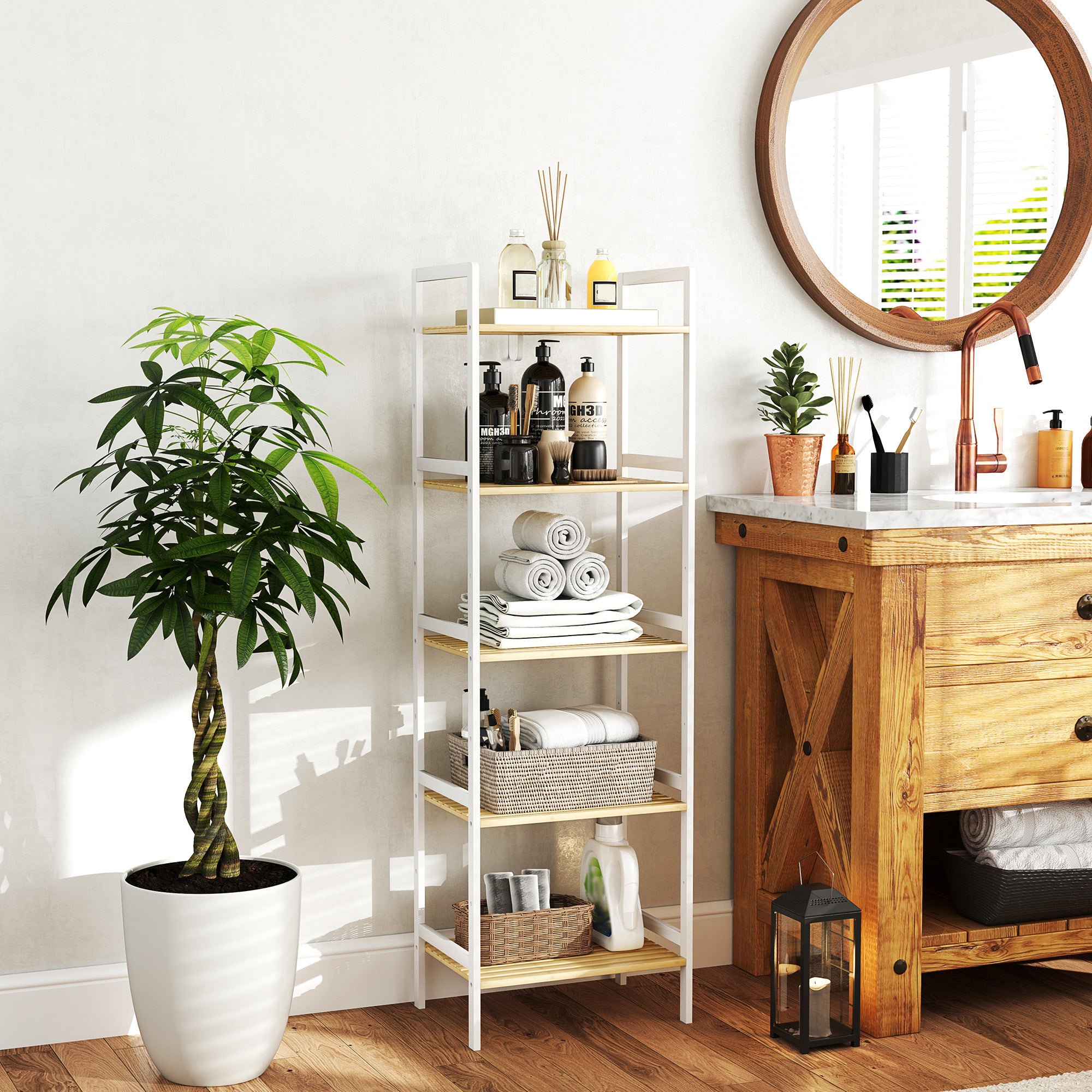 HOMCOM Five-Tier Bamboo Adjustable Shelf Storage Unit - North Peak Garden Furniture