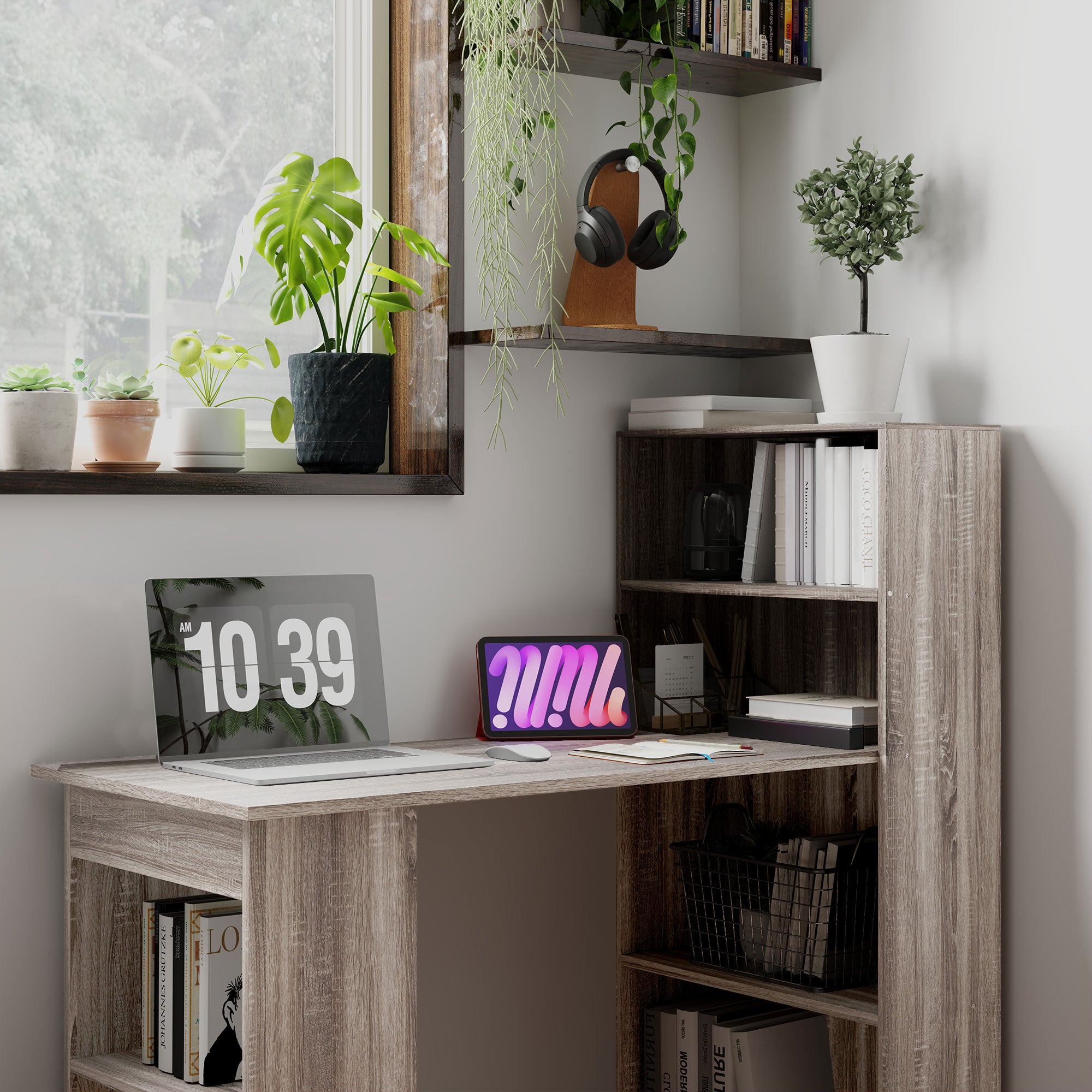 HOMCOM 120cm Modern Computer Desk Bookshelf Study Table Workstation PC Laptop Writing Home Office 6 Shelves, Grey Wood-Effect - North Peak Garden Furniture