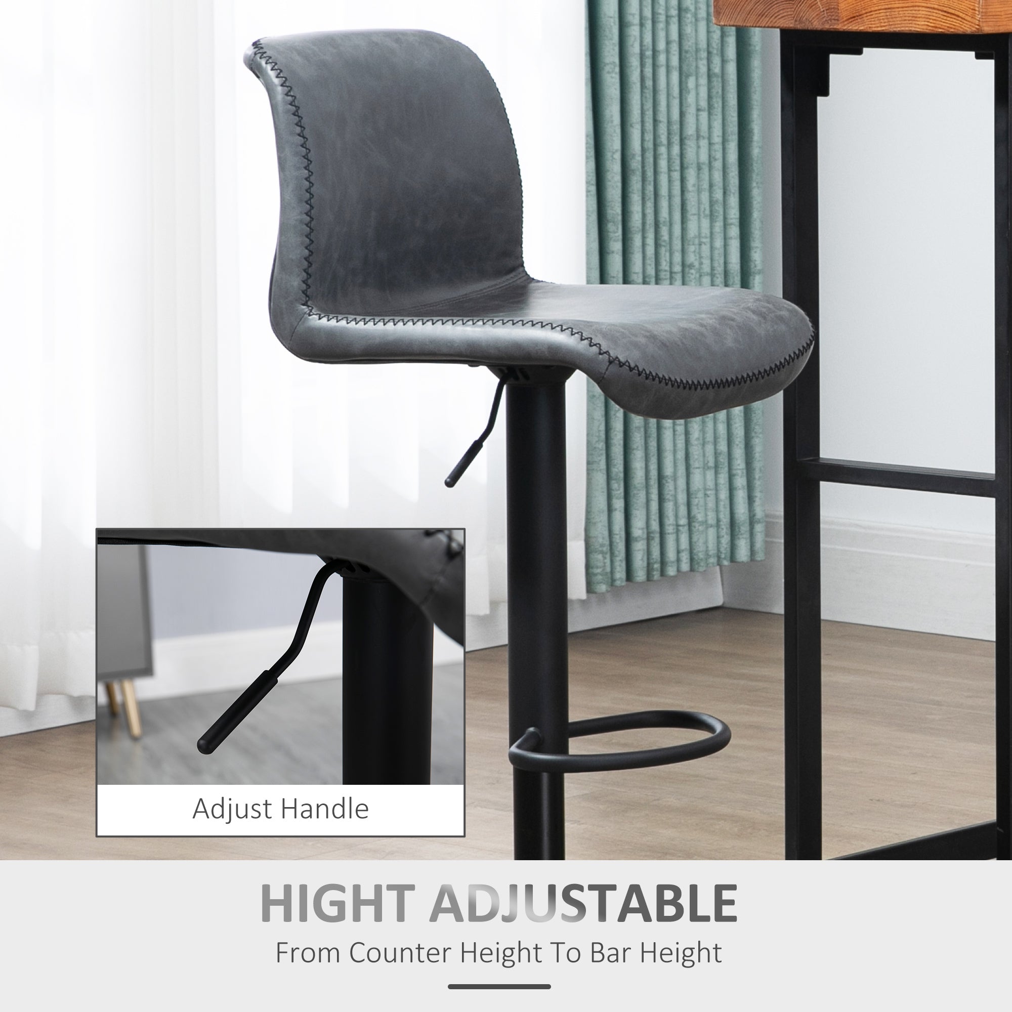 HOMCOM Set of 2 Bar Stool Adjustable Height Swivel Footrest and Base for Breakfast Bar, Kitchen and Home, Dark Grey - North Peak Garden Furniture