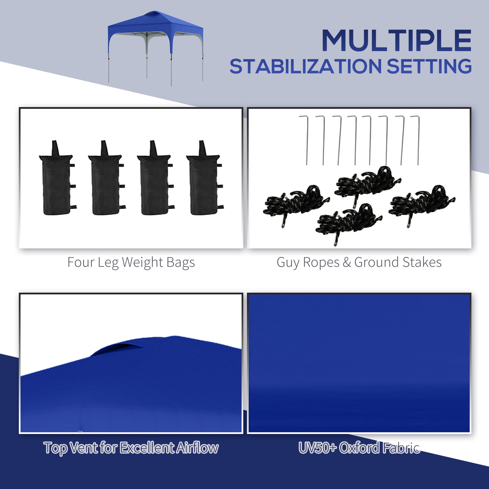 Outsunny 3 x 3 (M) Pop Up Gazebo, UPF 50+ Foldable Canopy Tent with Carry Bag with Wheels and 4 Leg Weight Bags, Height Adjustable, for Outdoor Garden Patio Party, Blue - North Peak Garden Furniture