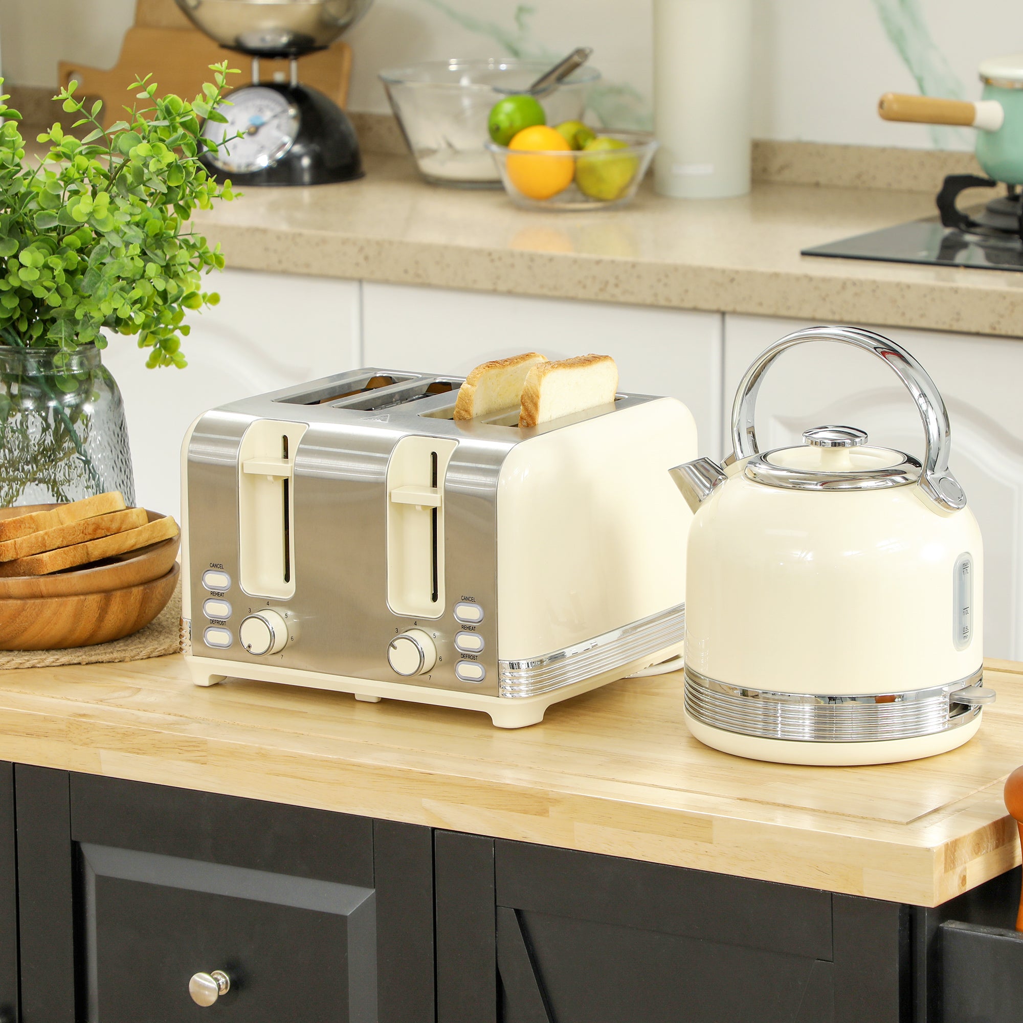 HOMCOM Polished Metal Kettle and Toaster Set - Cream - North Peak Garden Furniture