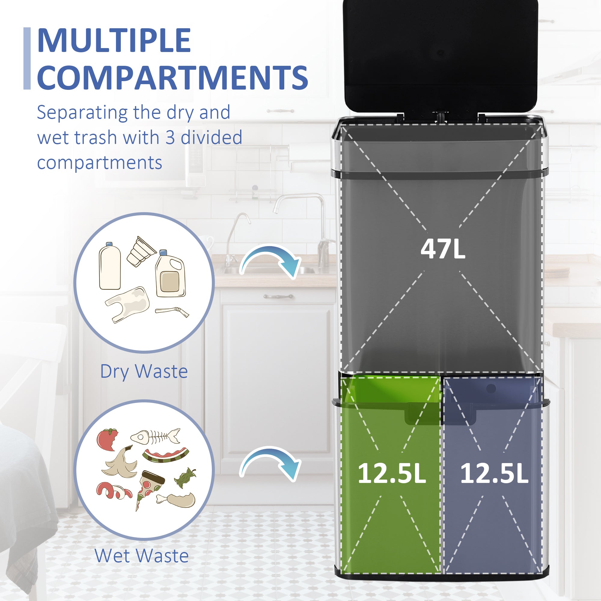 HOMCOM 72L Recycling Sensor Bin Stainless Steel 3 Compartments For Both Wet/Dry Waste w/Removable Lid Kitchen Home - North Peak Garden Furniture