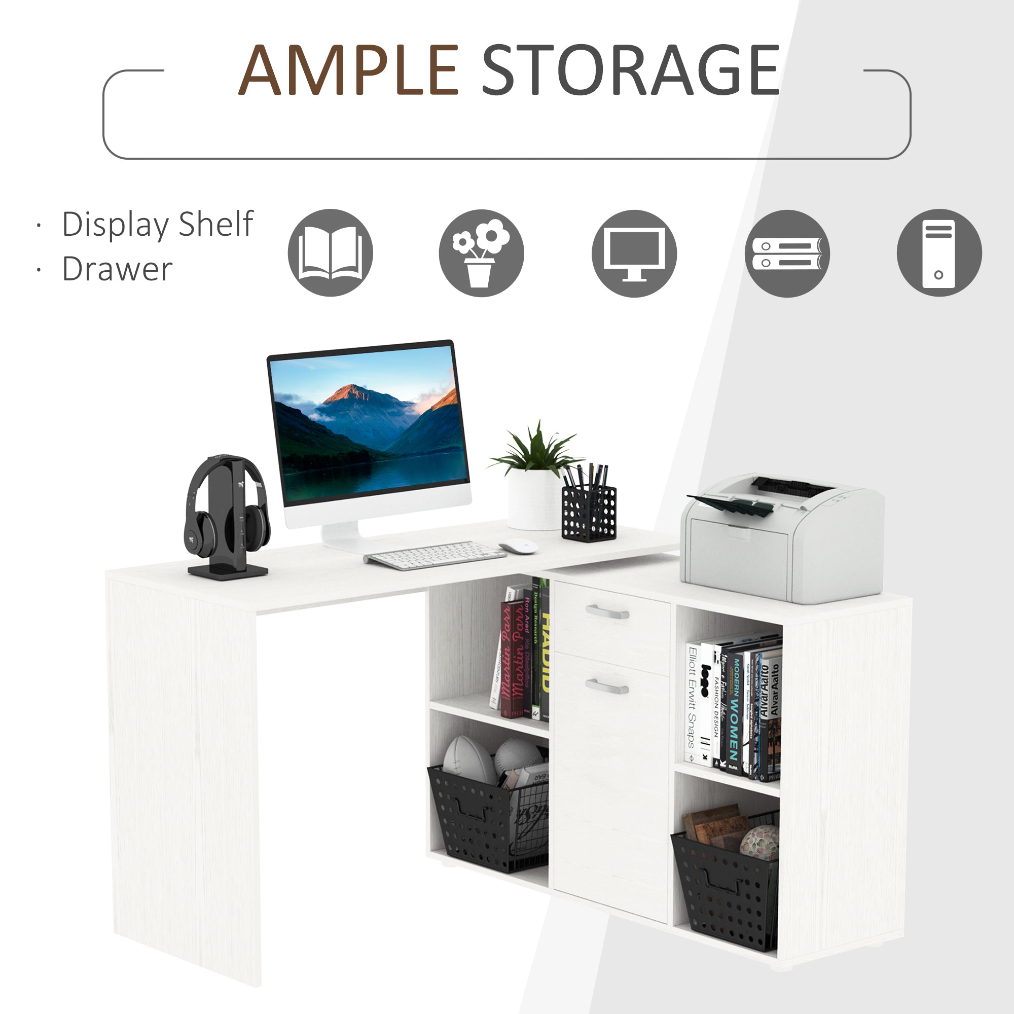 HOMCOM L-Shaped Computer Desk with Storage Compartments, Drawer and Cabinet, Laptop PC Corner Table, Home Office Workstation, 120 x 115 x 76cm, White - North Peak Garden Furniture