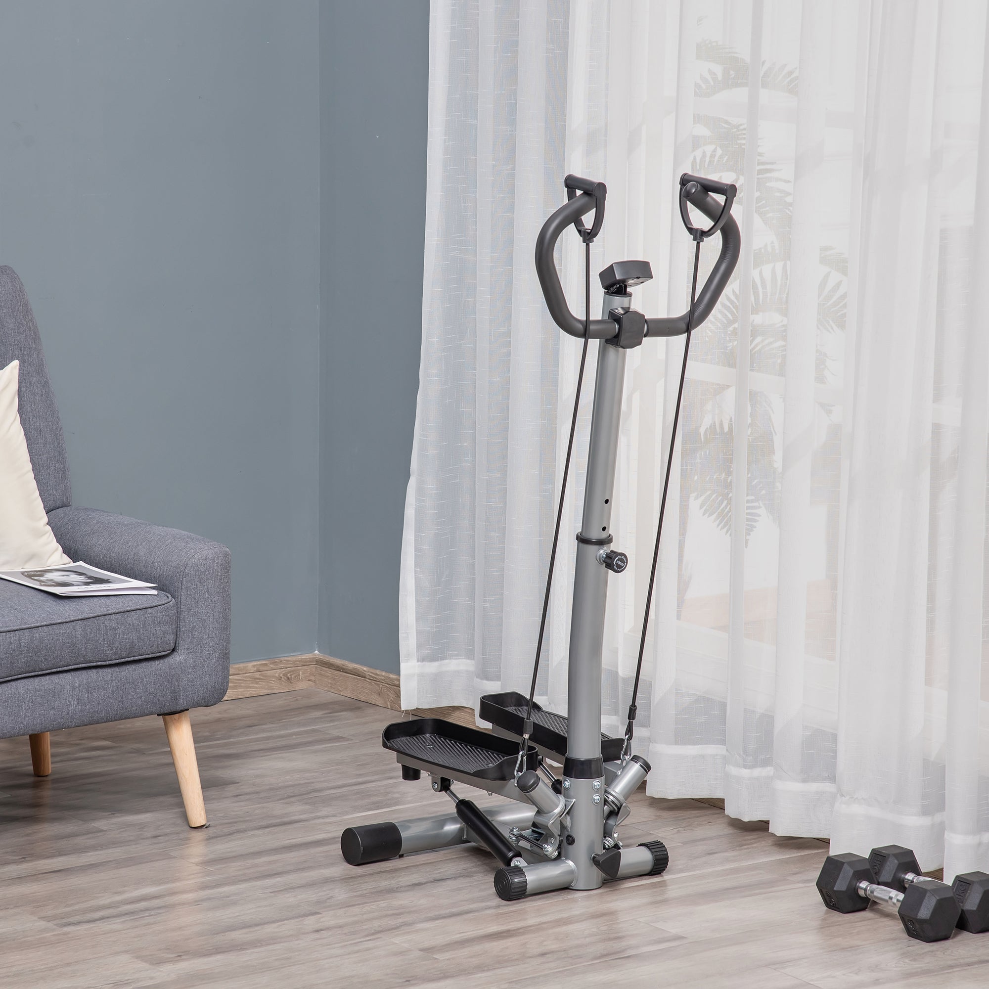 HOMCOM Adjustable Twist Stepper Fitness Step Machine, LCD Screen, Height-Adjust Handlebars, Home Gym, Silver and Black - North Peak Garden Furniture