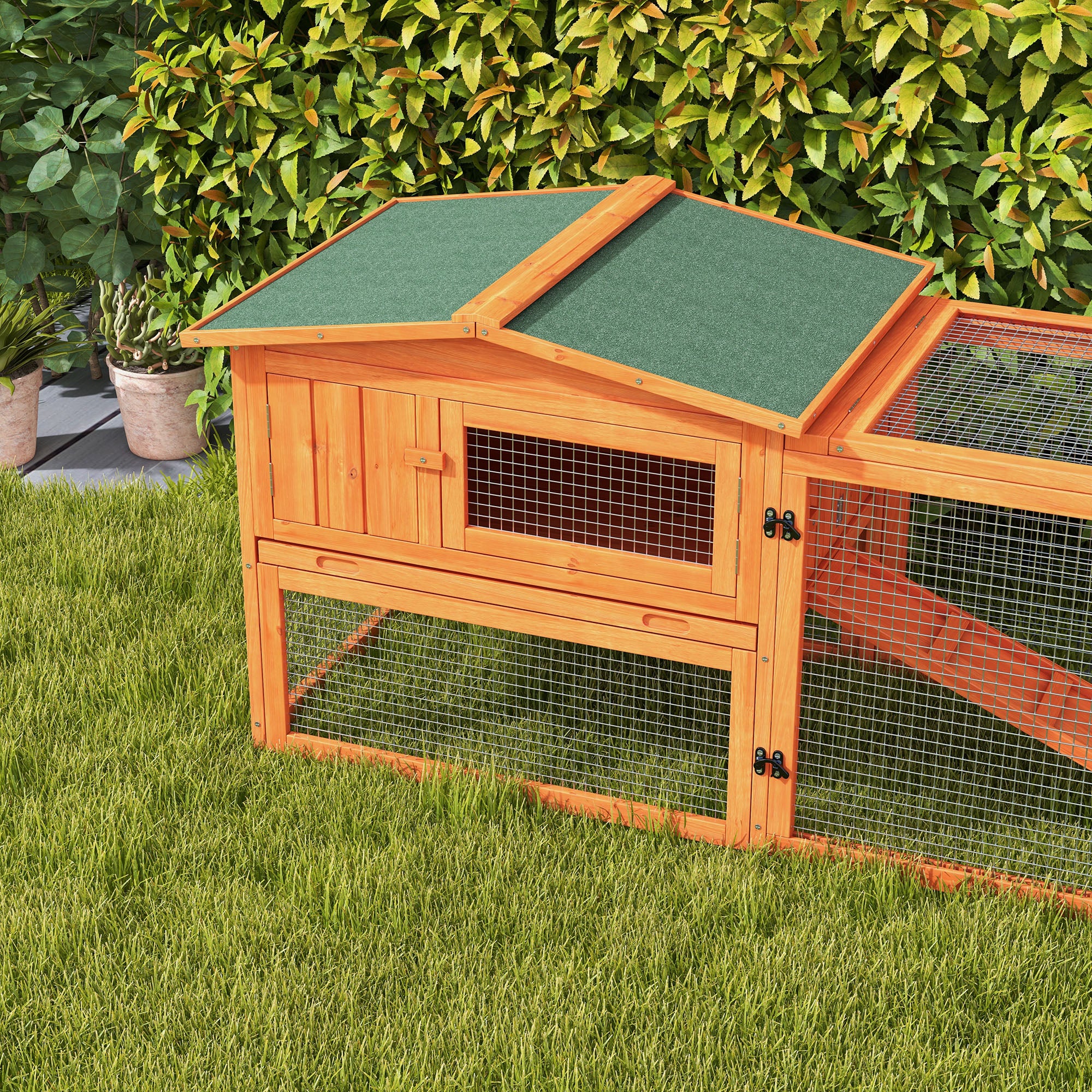 PawHut Rabbit Hutch with Run Wooden Guinea Pig Hutch Outdoor Bunny Cage Hide House with Sliding Tray, Hay Rack, Ramp, 156 x 58 x 68cm, Orange - North Peak Garden Furniture