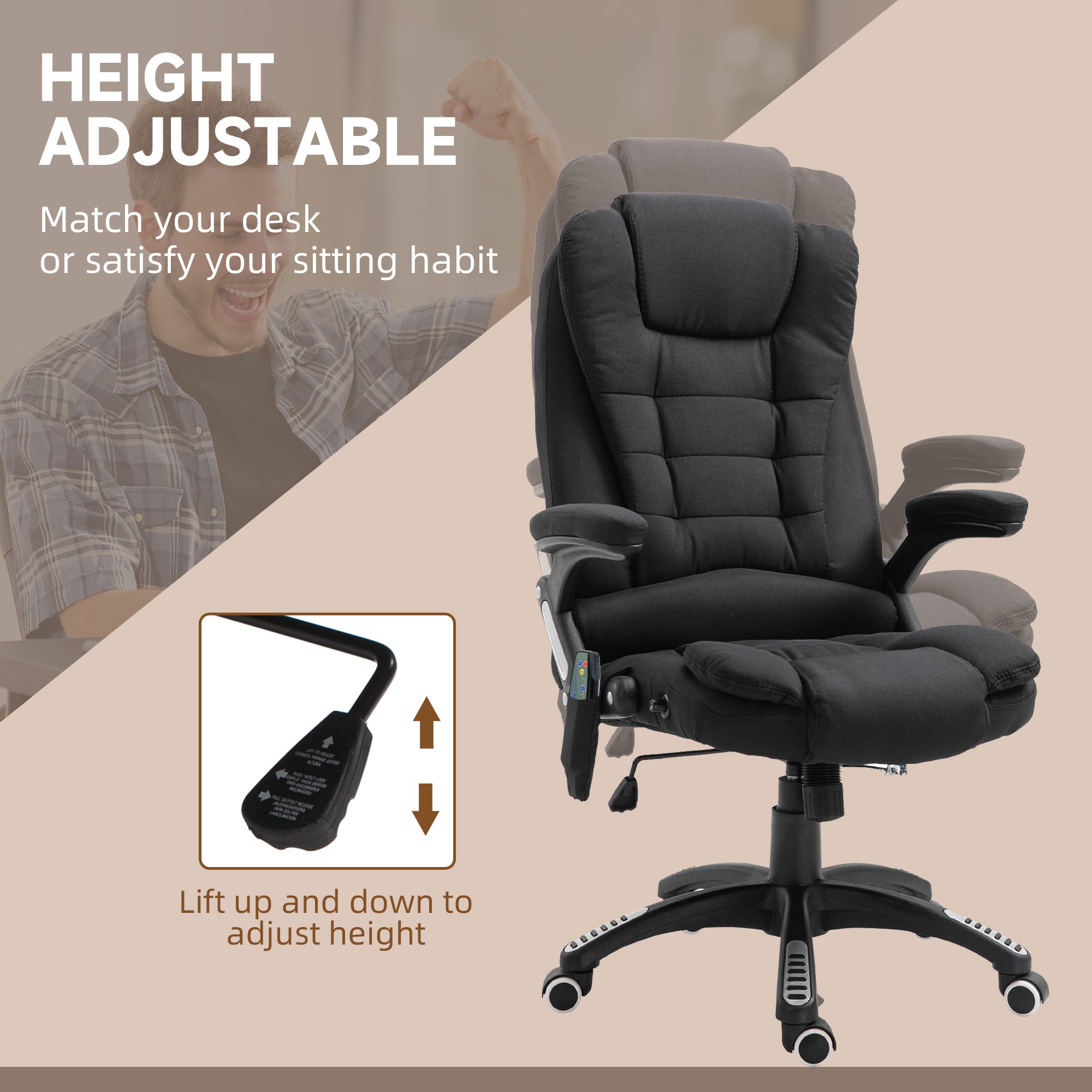 Vinsetto Massage Recliner Chair Heated Office Chair with Six Massage Points Linen-Feel Fabric 360° Swivel Wheels Black - North Peak Garden Furniture