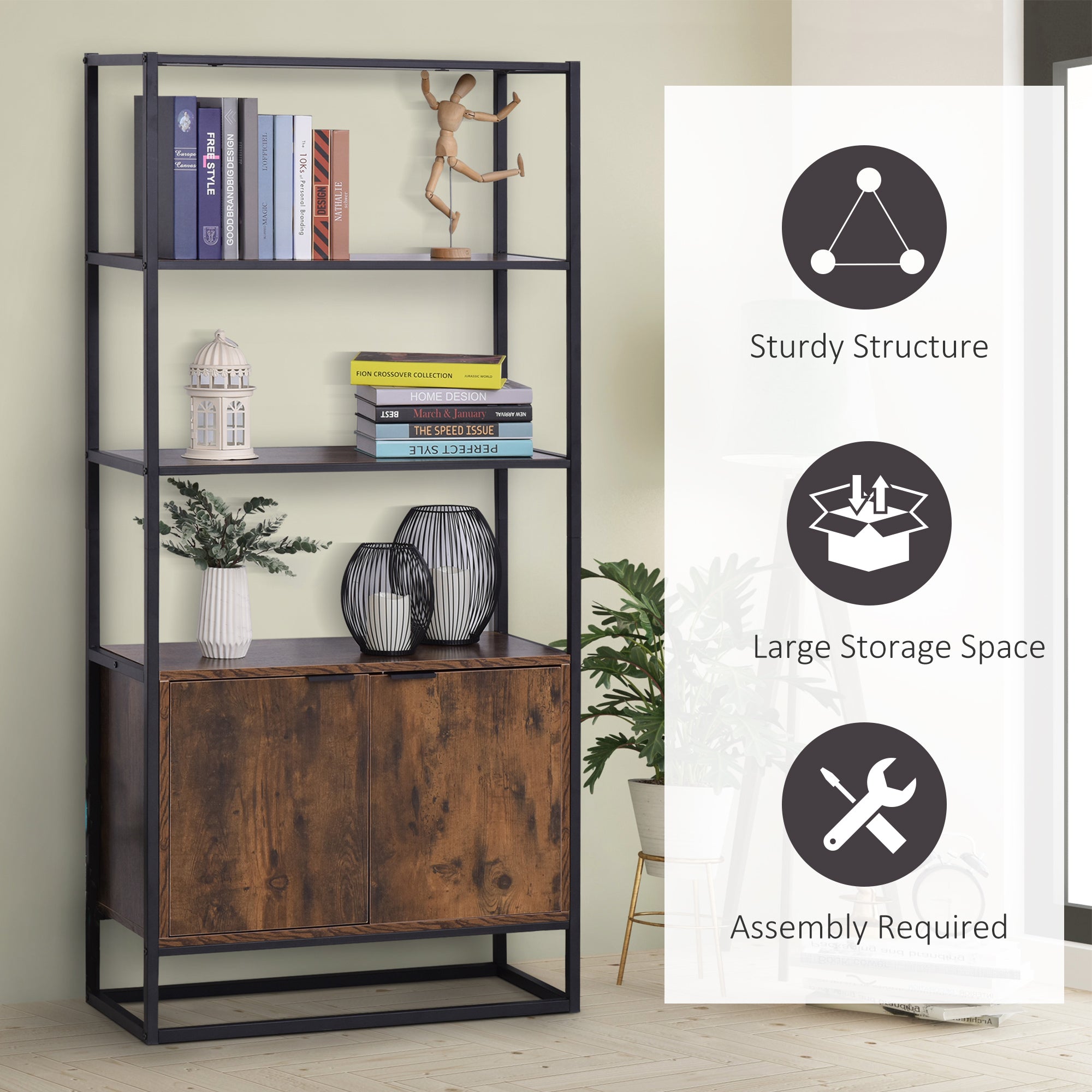 HOMCOM Storage Cabinet with 3 Open Shelves Cupboard Freestanding Tall Organizer Multifunctional Rack for Livingroom Bedroom Kitchen Rustic Brown - North Peak Garden Furniture