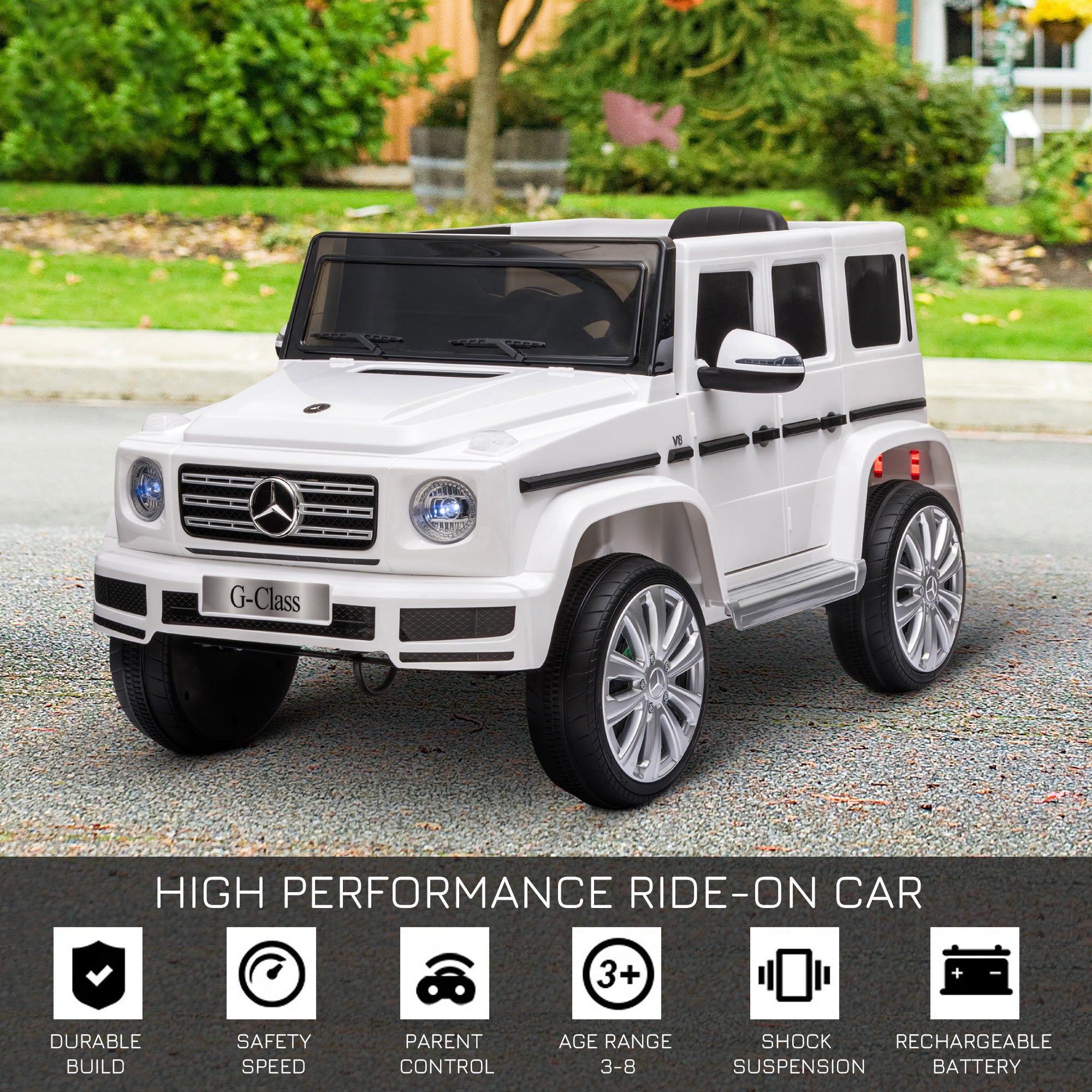 HOMCOM Mercedes Benz G500 Licensed 12V Kids Electric Ride On Car Toy with Parental Remote Control Battery-powered 2 Motors Music Lights MP3 for 3-8 Years Old White - North Peak Garden Furniture