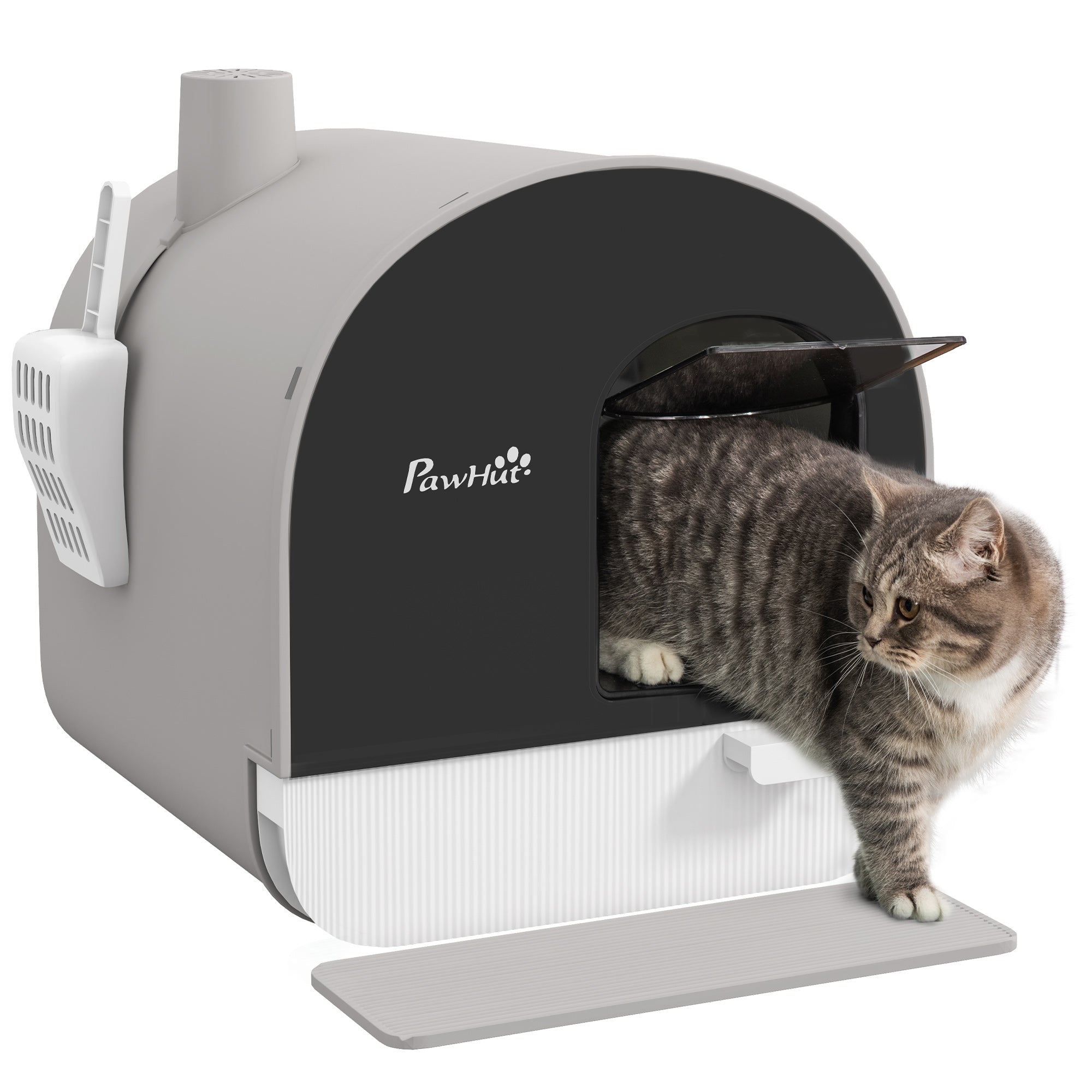 PawHut Hooded Cat Litter Box, Kitten Litter Tray, with Lid, Scoop, Filter, Flap Door, Light Grey - North Peak Garden Furniture