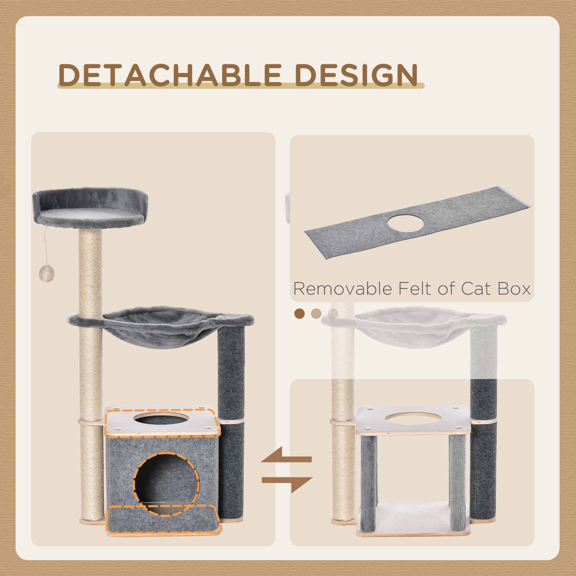 PawHut Cat Tree for Indoor Cats 95cm Climbing Tower Kitten Activity Center with Sisal Scratching Post Perch Roomy Condo Hammock Removable Felt Hanging Toy, Grey - North Peak Garden Furniture