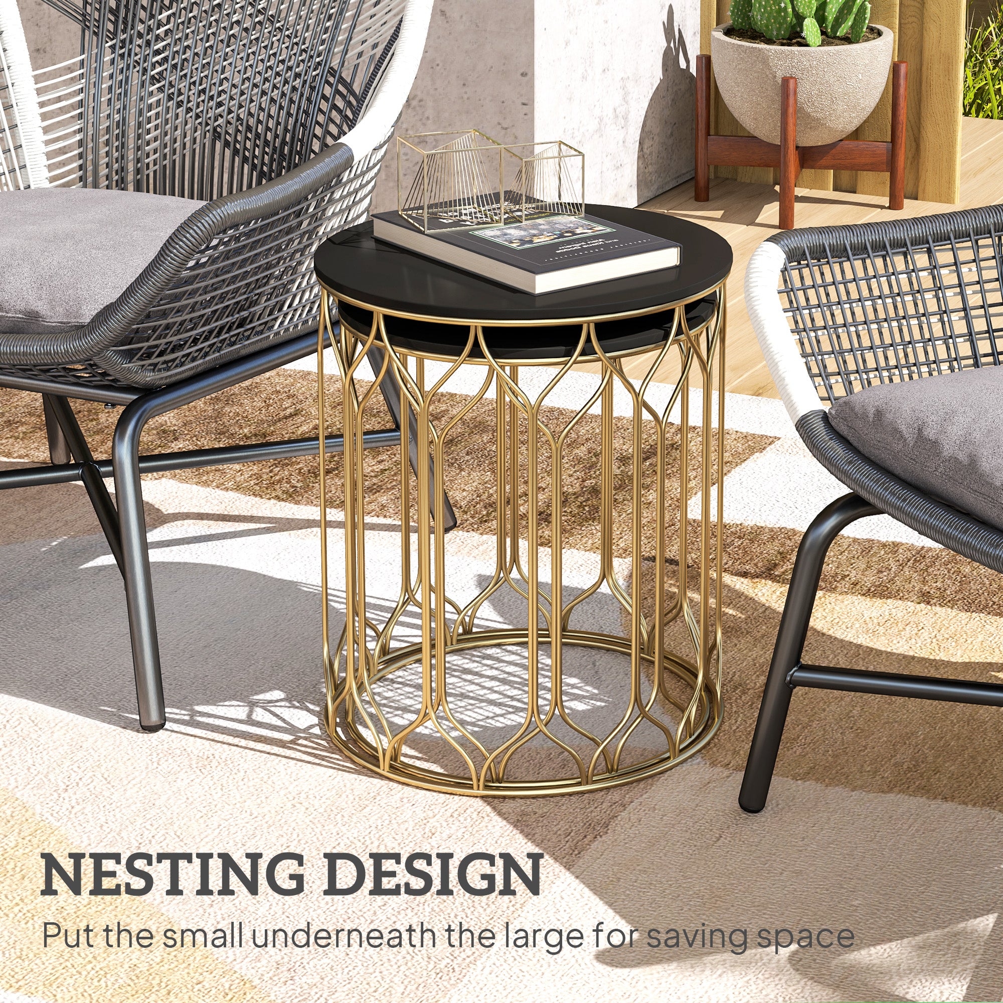 Outsunny Garden Side Table Set of 2, Nesting Tables with Ceramic Tile Top, Indoor Outdoor Small Garden Tables, Multifunctional End Tables with Metal Frame for Patio, Balcony, Porch, Black - North Peak Garden Furniture