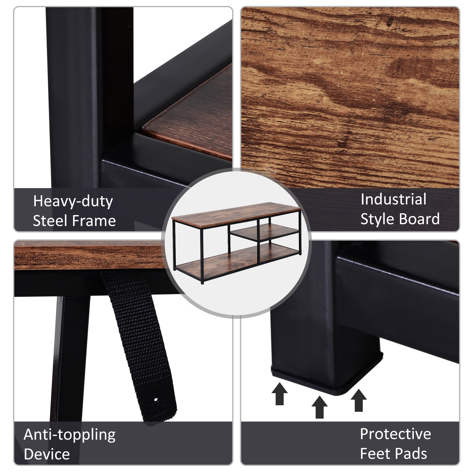 HOMCOM TV Unit for 55 inch TVs, Industrial TV Table with 2 Storage Shelves and Metal Frame, Entertainment Unit For living Room, Rustic Brown - North Peak Garden Furniture