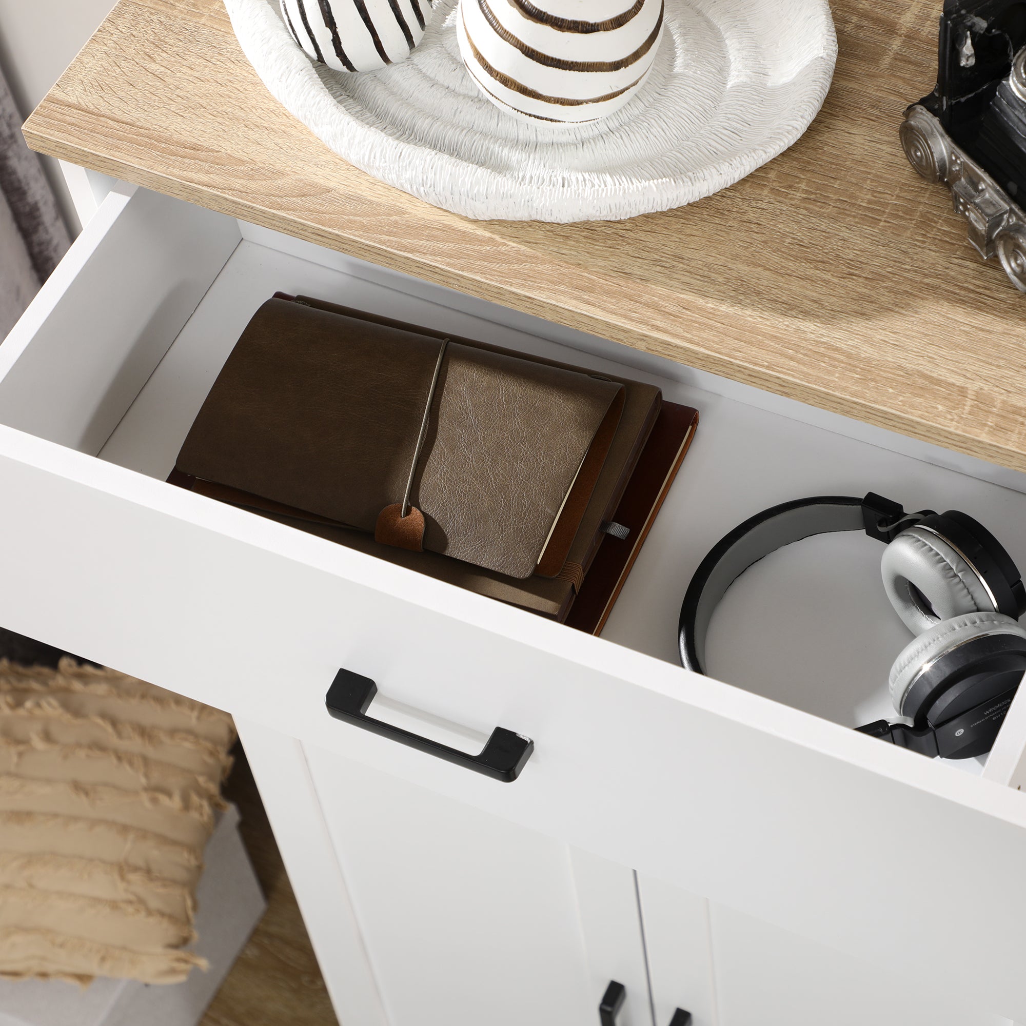 HOMCOM Freestanding Kitchen Cupboard, Nordic Storage Cabinet with Drawer, Doors and Open Countertop for Living & Dining Room, 130cm, White - North Peak Garden Furniture