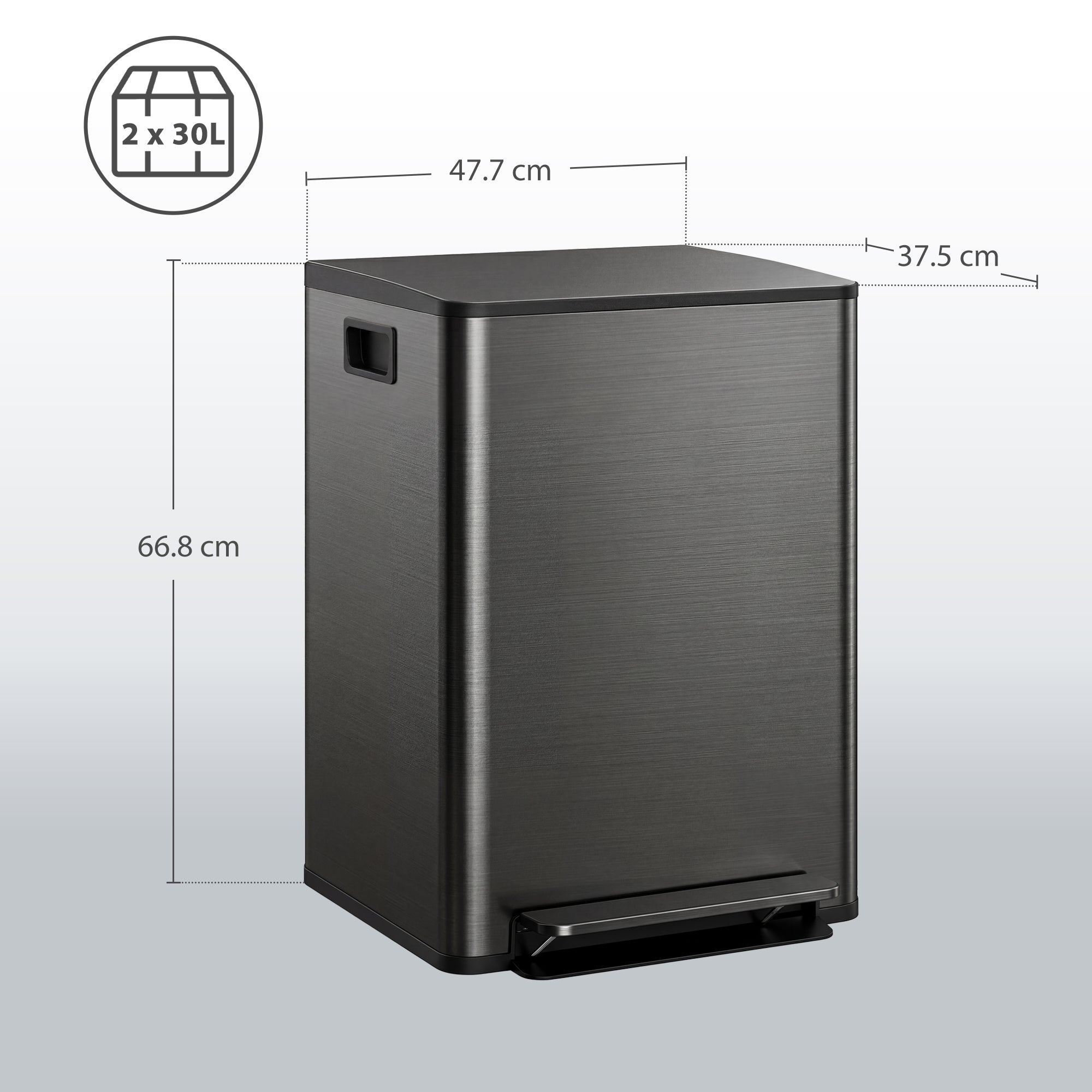 HOMCOM 60L Dual Compartment Stainless Steel Bin, with Deodoriser Holders - Black