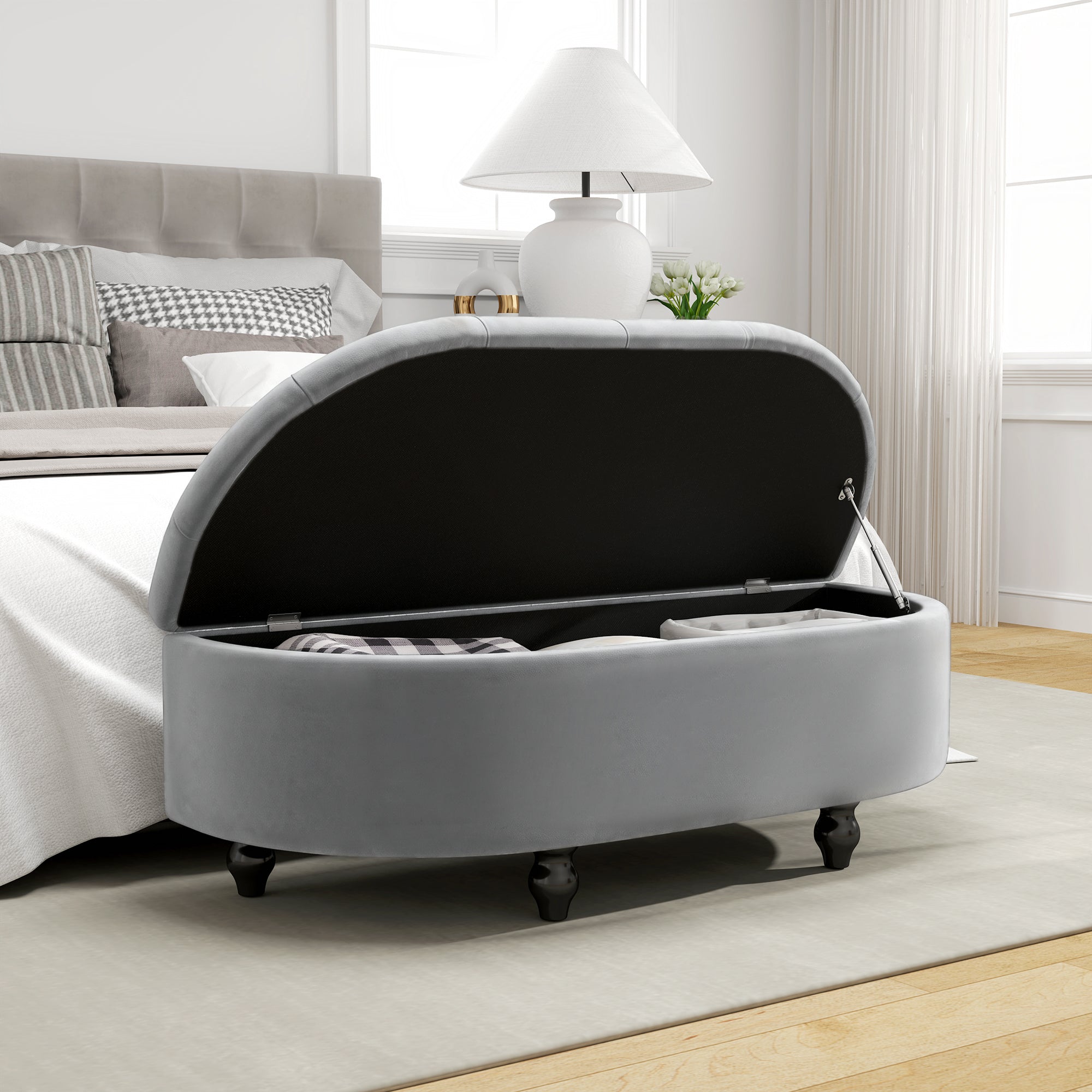 HOMCOM Velvet-Feel Half Circle Storage Ottoman - Dark Grey
