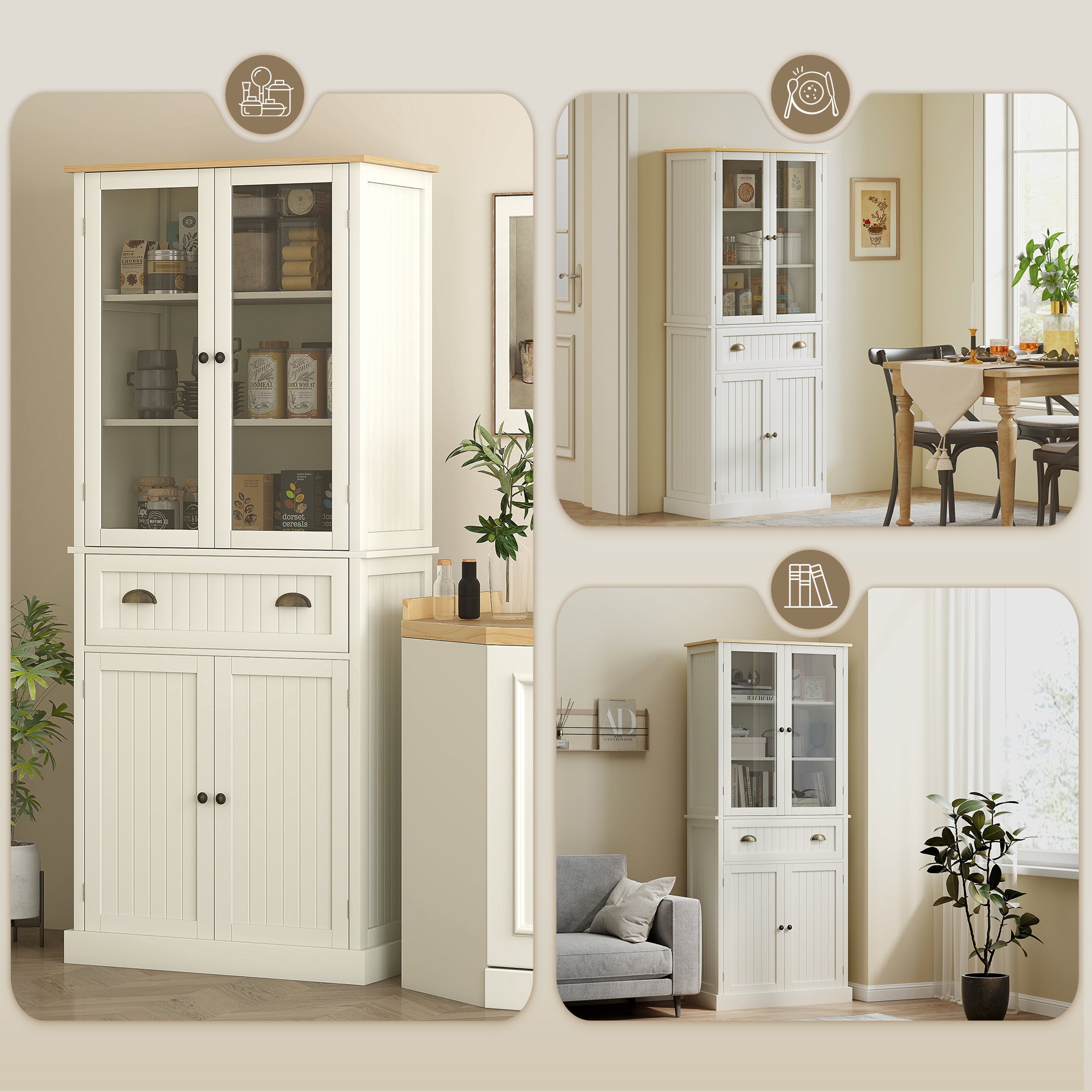 HOMCOM Freestanding Kitchen Cupboard, 5-tier Storage Cabinet with Adjustable Shelves and Drawer for Living Room, Dining Room, Cream White