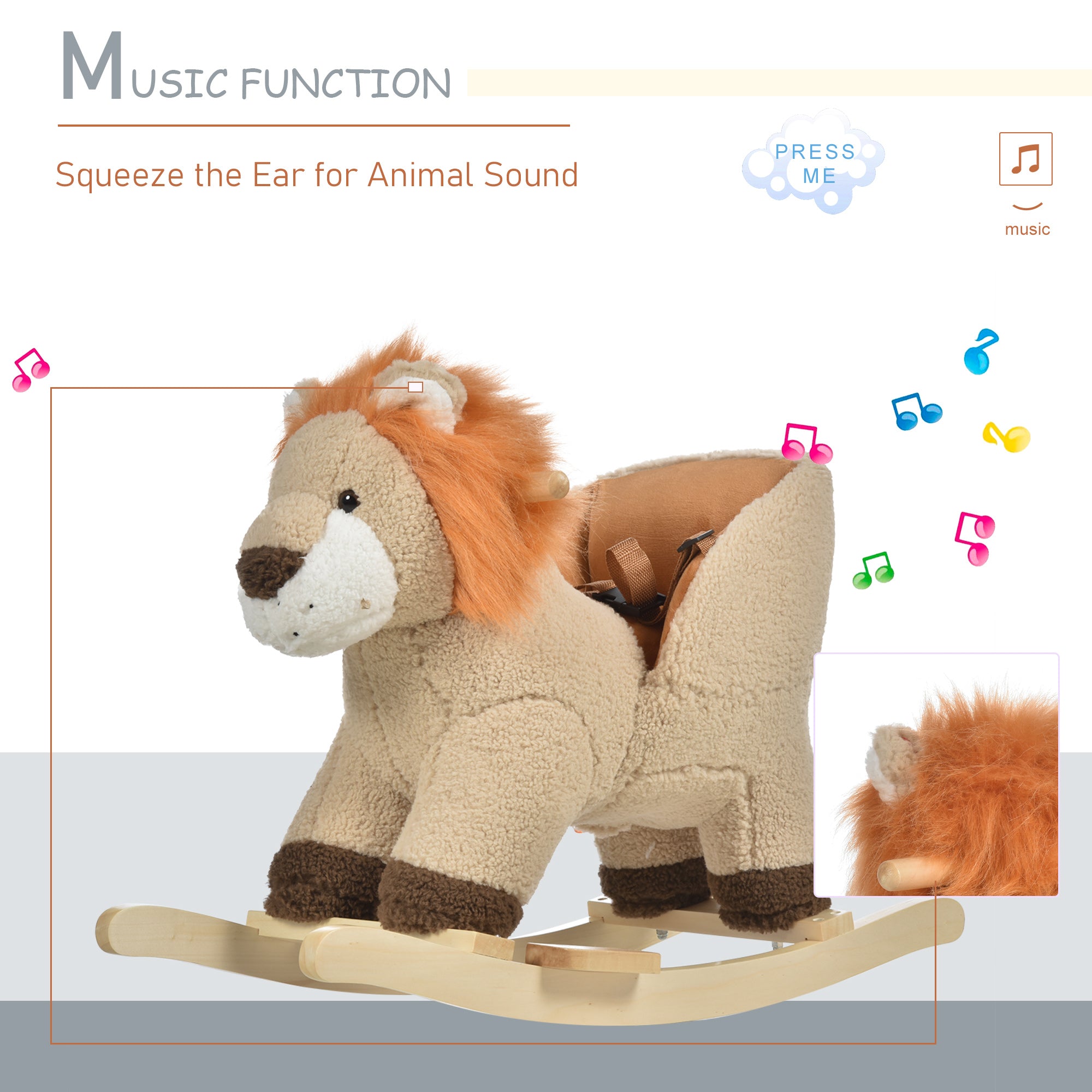 HOMCOM Kids Children Rocking Horse Plush Ride On Lion Seat w/ Sound Wood Base Seat Safety Belt Toddler Baby Toy for 18-36 Months Brown - North Peak Garden Furniture